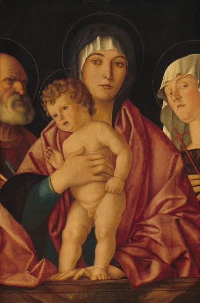 The painting depicts three adults and a child. The central adult, a woman, holds the child securely to her chest. The woman has pale skin and a white cloth covering her head, and she is wearing a dark cloak over a red robe. The child has curly light brown hair and is unclothed, looking towards the left. A bald man with a white beard, wearing a red garment and holding a key is on the left. On the right, another woman wears a white headscarf and a dark garment, holding a red cross. The background is dark, highlighting the people and their attire. All four of them have thin halos around their heads.