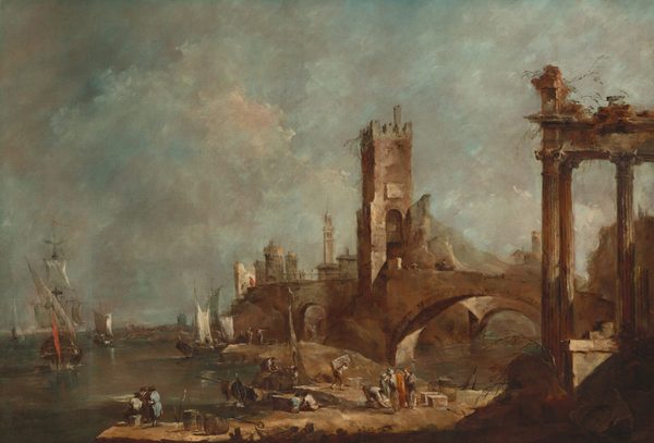 This painting depicts a harbor scene with brown arches and towers on the right, along with tall columns that look like ruins. At the bottom of the painting, people are engaged in various activities along the water's edge. Some carry boxes, others tie barrels together, and others converse with each other. Some of the people wear long coats and tricorn hats while others wear turbans and draped shawls over robes. The buildings and ruins, including a tower and a bridge, dominate the right side of the painting, with the tall columns on the far right. On the left is the dark water, painted in shades of brown and blue. Distant ships with white sails can be seen, with smaller boats close to shore. The sky is depicted with expressive, loose brushstrokes in shades of blue, pale peach, and gray.