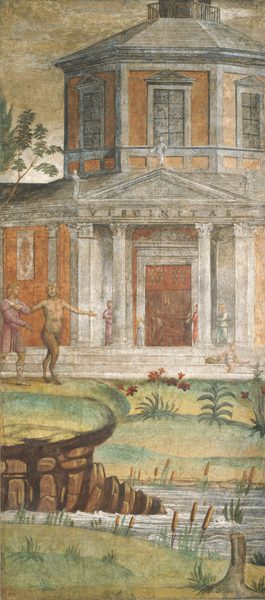 This is a fresco of an elegant building with a garden and waterway in front of it. The building is pale orange with white columns, a triangular pediment, and large windows. There is a red doorway at the top of a few stairs that shows a brown interior. A few people sit or stand on the steps by the doorway, looking in the building. On the left, two people walk towards the doorway. One of them has a bare chest and the legs of a goat, while the other is a person in a pink tunic with blond hair and white boots. Both people have pale skin. Closer to us, there is a green garden filled with green plants and red flowers, with a stream or water feature flowing in front of it, bordered by reeds and green grass.