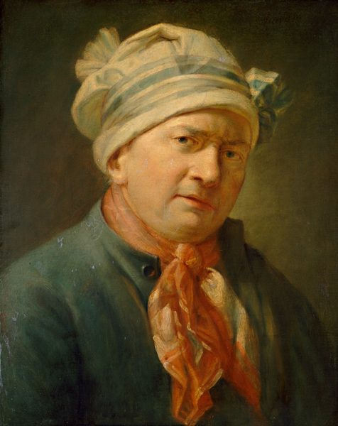 Shown from the chest up, a pale-skinned, clean-shaven man wearing a cloth wrapped around his head looks at us in this vertical painting. The man’s shoulders are angled to our right, but he turns his round face to us to gaze out of the corners of his blue eyes under furrowed brows. His head tips slightly to our right, and his pink lips are parted. He has a rounded nose, full checks, and a slight double chin. The cloth wrapped around his head is white striped with pale blue. He wears a coral-orange and white neckerchief tied in a knot at his throat and a slate-blue collarless jacket. The background is pale, asparagus-green near his face and deepens to moss green at the edges. There are some white or light blue streaks and spots where paint has been lost or damaged.