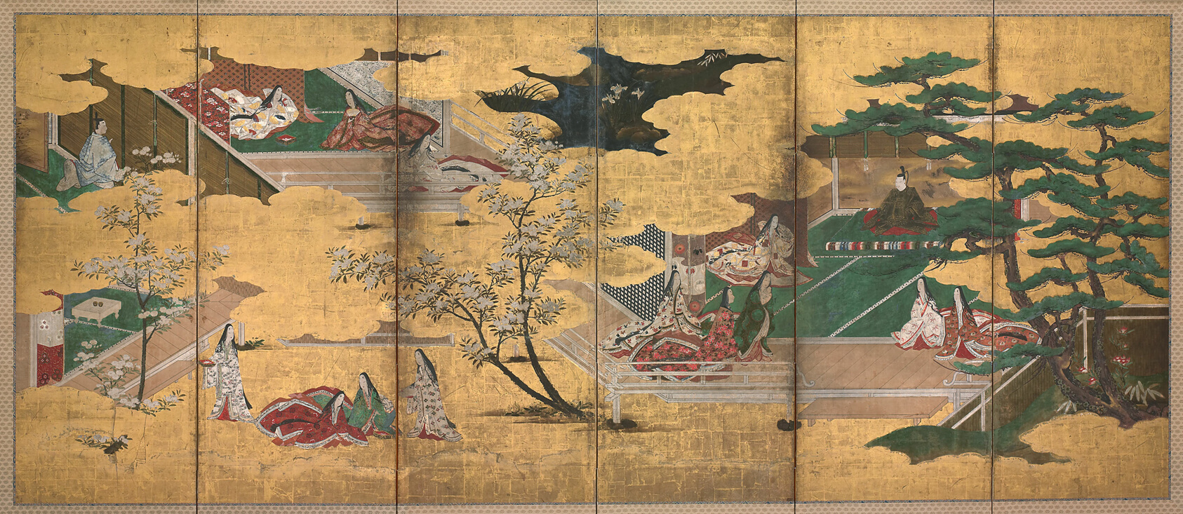 A work made of pair of six-panel screens; ink, colors, and gold on paper.