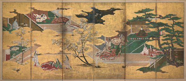 A work made of pair of six-panel screens; ink, colors, and gold on paper.