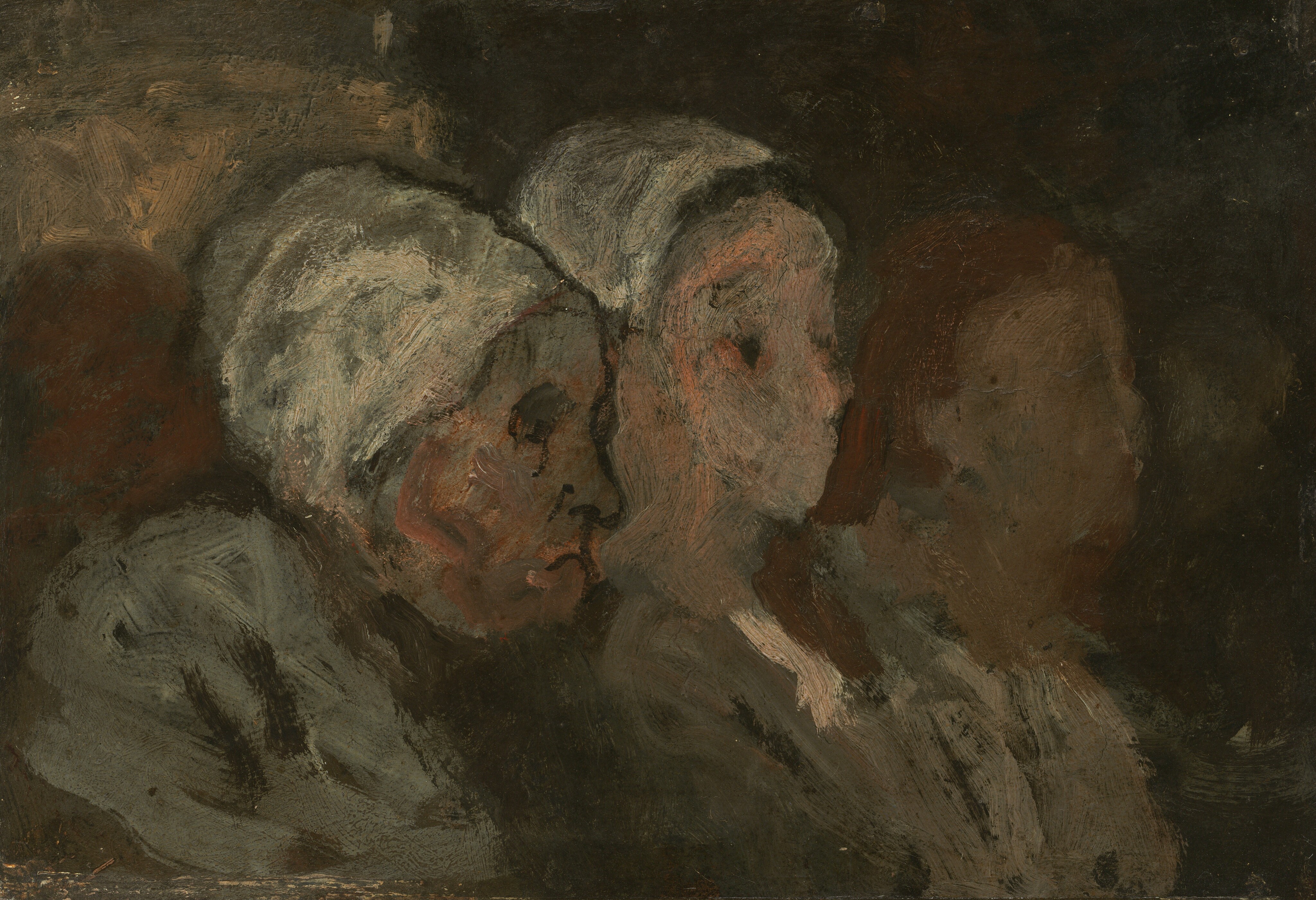 This painting shows three abstract figures closely positioned in a row, their heads and upper bodies visible. The figures appear to be sitting side by side, all facing the right and seen in profile. Their facial features are not distinctly detailed. The person farthest to the left appears elderly, with a thin, frowning mouth, wearing a gray outfit with a white cap on their head. The person next to them on the right appears younger, but only their thin nose and round black eyes are visible. They also wear a gray garment with a white cap, a small strip of black hair visible below the cap. Both of these figures have skin colored in a mix of peach and gray. The third figure is the least distinct, with their skin simply a blur of gray and tan and their hair a smudge of reddish-brown. The background is a blur of earthy tones, with a patch of tan in the upper left corner and mostly browns and grays in the rest of the painting. The brushstrokes in the painting are thick and visible.