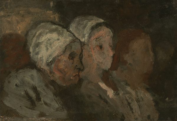 This painting shows three abstract figures closely positioned in a row, their heads and upper bodies visible. The figures appear to be sitting side by side, all facing the right and seen in profile. Their facial features are not distinctly detailed. The person farthest to the left appears elderly, with a thin, frowning mouth, wearing a gray outfit with a white cap on their head. The person next to them on the right appears younger, but only their thin nose and round black eyes are visible. They also wear a gray garment with a white cap, a small strip of black hair visible below the cap. Both of these figures have skin colored in a mix of peach and gray. The third figure is the least distinct, with their skin simply a blur of gray and tan and their hair a smudge of reddish-brown. The background is a blur of earthy tones, with a patch of tan in the upper left corner and mostly browns and grays in the rest of the painting. The brushstrokes in the painting are thick and visible.