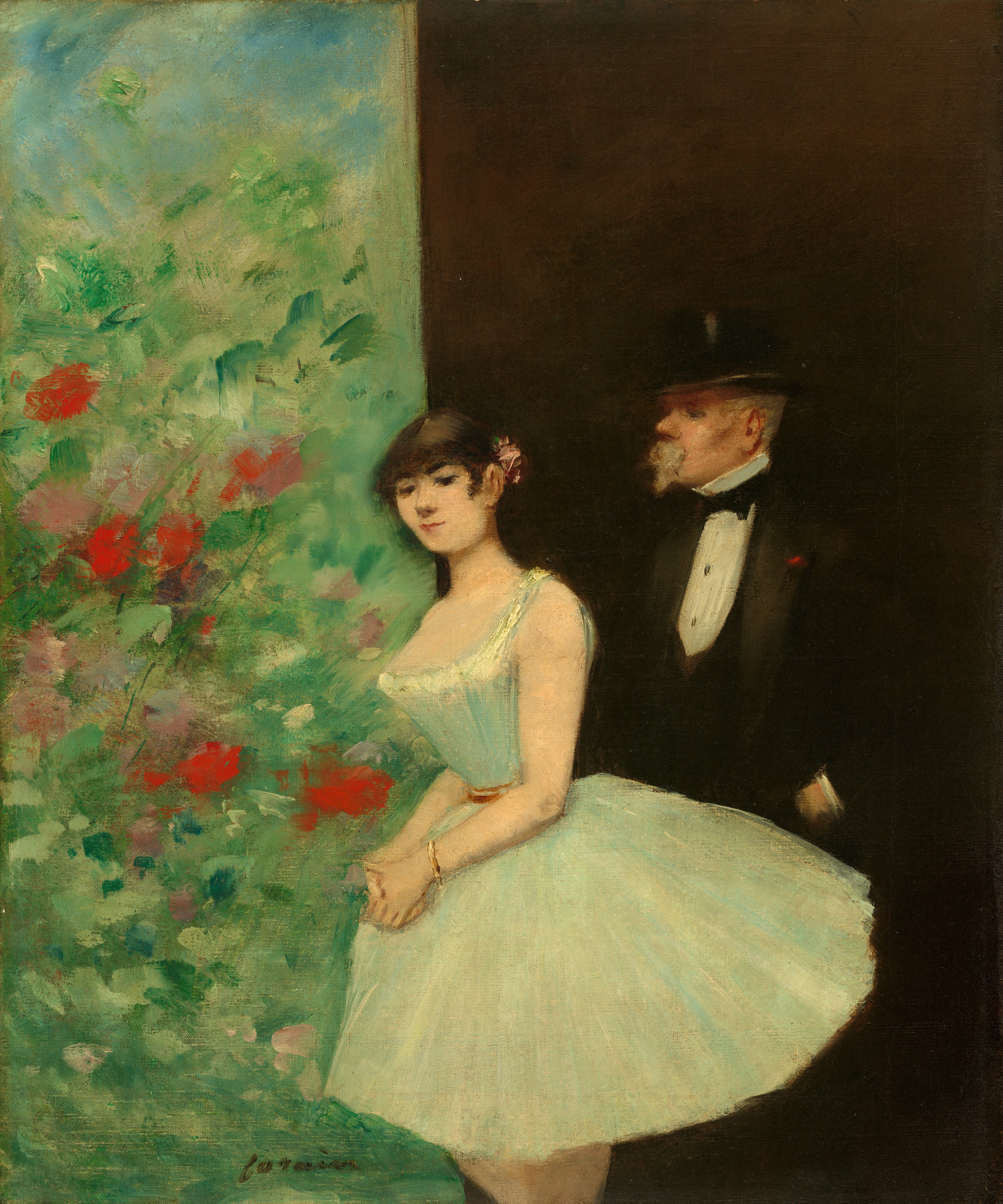 This painting shows two people. A woman is seen from the knees up in the center, standing partially in front of the man next to her, her body facing the left and her head turned back towards us. She has pale skin, dark eyebrows, and a thin red mouth in a slight smile. She seems to be looking downward. Her dark hair is styled behind her head with a pink flower. She wears a seafoam-green dress with thin straps, a wide, square neckline, a small waist, and a puffed skirt. She has a gold bracelet on one wrist and a brown belt around her thin waist. Her hands are clasped in front of her, resting on her skirt. A man is behind her on the right, wearing a black suit with a white shirt, black bow tie, and a top hat. He has light skin, prominent cheekbones, gray hair, a gray mustache, and a pointed gray beard. The background is divided by a vertical line; the right side behind the man is dark brown, while the left side is a colorful, abstract scene including greens, blues, reds, and pinks, giving the impression of a leafy garden. The woman stands in front of this dividing line.