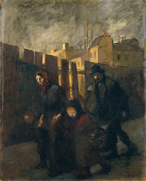 The image shows a group of people walking together in an urban setting. The individuals are captured in a three-quarter view, mostly showing their upper bodies. Their facial expressions are shadowed and somber. One woman has a scarf wrapped around her head, and their clothing is dark and heavy, typical of cold weather attire, including long coats and scarves. One person is carrying a sack over their shoulder. The background includes industrial structures such as chimneys and large buildings under an overcast sky.