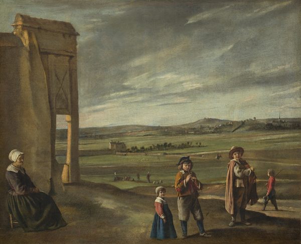 An elderly woman sits on a small stool and four children stand along the foreground of a landscape with rolling, olive-green fields leading back to low, slate-gray mountains in this nearly square painting. The horizon comes about halfway up the painting, and the sky above is filled with a sheet of steel-gray clouds that break to reveal patches of ice-blue sky. Closest to us and along the left edge of the painting, the woman sits near a structure with a fragment of wall and a column that could be made from tan-colored stone. The woman faces our right in profile and looks at or toward three children gathered on a low hill to our right. Her lined face is partially cast in shadow by her white bonnet, but her skin is yellowed where the light falls across the side closer to us. A wide, white collar lies over the shoulders of her muted, plum-purple jacket, which is tied with a narrow red belt. Her hands rest in the lap of her full, moss-green skirt that falls to her feet and covers most of the stool. To our right, two boys and a little girl stand on a low hill. They all stand with their bodies angled to our right, and all have pale skin and brown hair. To our left in the trio, the young girl wears a royal-blue dress with brick-red, long sleeves and a wide, white collar, cuffs, and cap. Next to her, a slightly older boy wearing gray knee-britches, a honey-orange jacket with a white collar, and a blue tricorn hat looks down and plays a thin pipe. His jacket is torn at the elbows, revealing a red shirt beneath. To our right, the oldest boy wears a brown cloak over a gray jacket, tan trousers, and a tan brimmed hat. He holds his right arm, closer to us, across his chest as he touches an instrument nestled in the crook of his other elbow. Another bareheaded boy wearing a red shirt and blue trousers walks beyond this trio, holding a short pole over one shoulder and a brimmed hat in his other hand. He walks to our left and looks to the horizon. More people with sheep, cows, and a person on horseback dot the rolling fields that stretch back to low hills. One house sits next to a line of trees to the left of center, in the middle distance, and more buildings, including a church spire, cluster on the horizon to our right.