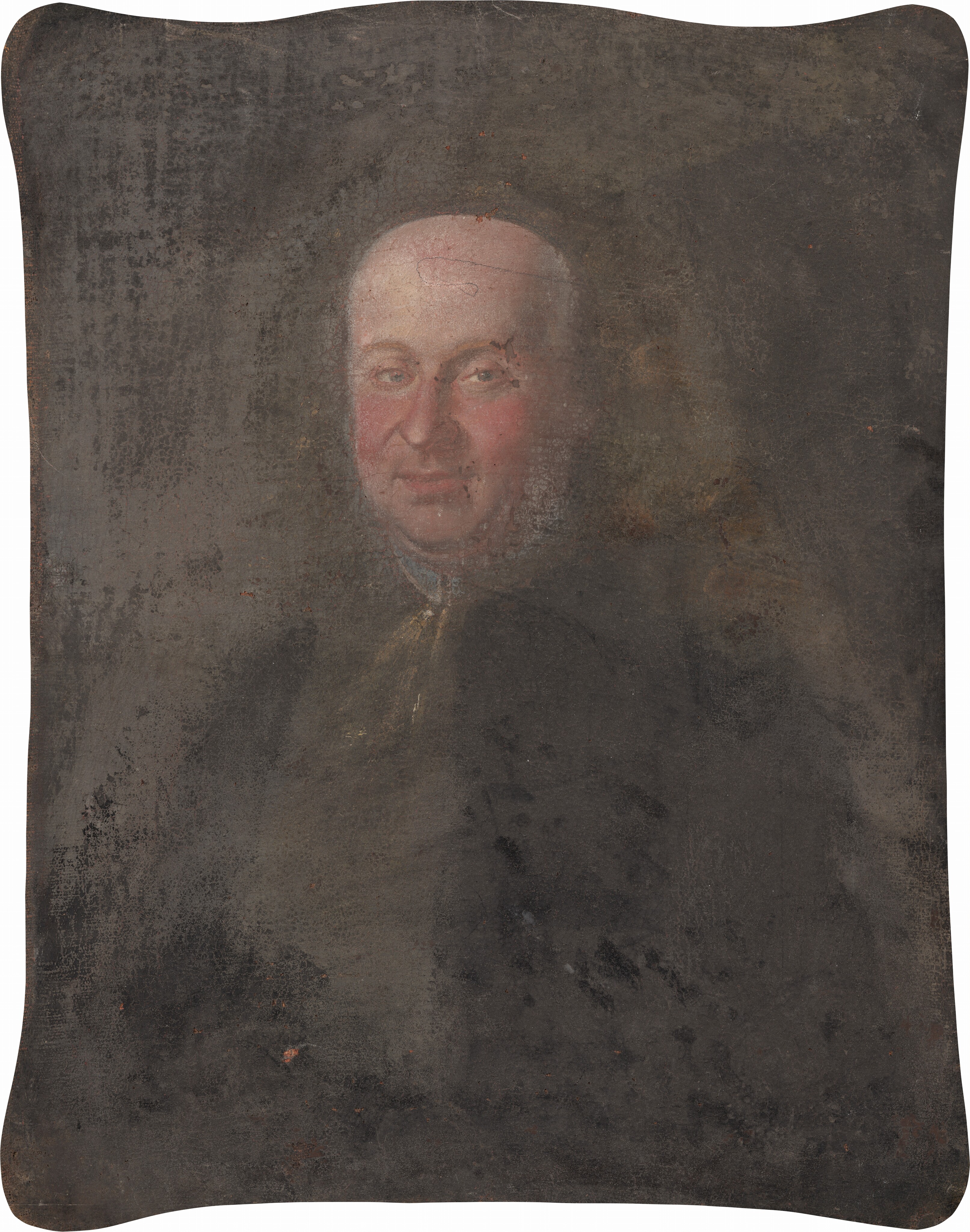 The image depicts a portrait of a person staring directly at the viewer. The individual has a high forehead, pinkish cheeks, and a subtle smile. They have a bald head and are wearing a dark garment. Some of their shoulders are visible. The background consists of dark, muted colors with no identifiable details. The painting appears textured and aged.