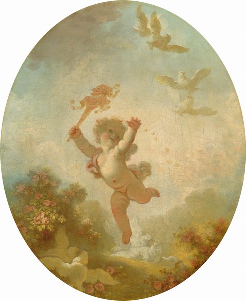 This oval painting shows a cherubic figure floating in mid-air with one leg bent and arms outstretched. The cherub has curly hair, a round face, and rosy cheeks, and they are smiling gently. The figure is nude with a cloth draped over one shoulder, and in one hand they hold a flaming torch. Surrounding the cherub are white birds in flight. The background consists of pale blue and soft white clouds, with blooming pink flowers and foliage on the pale green ground.