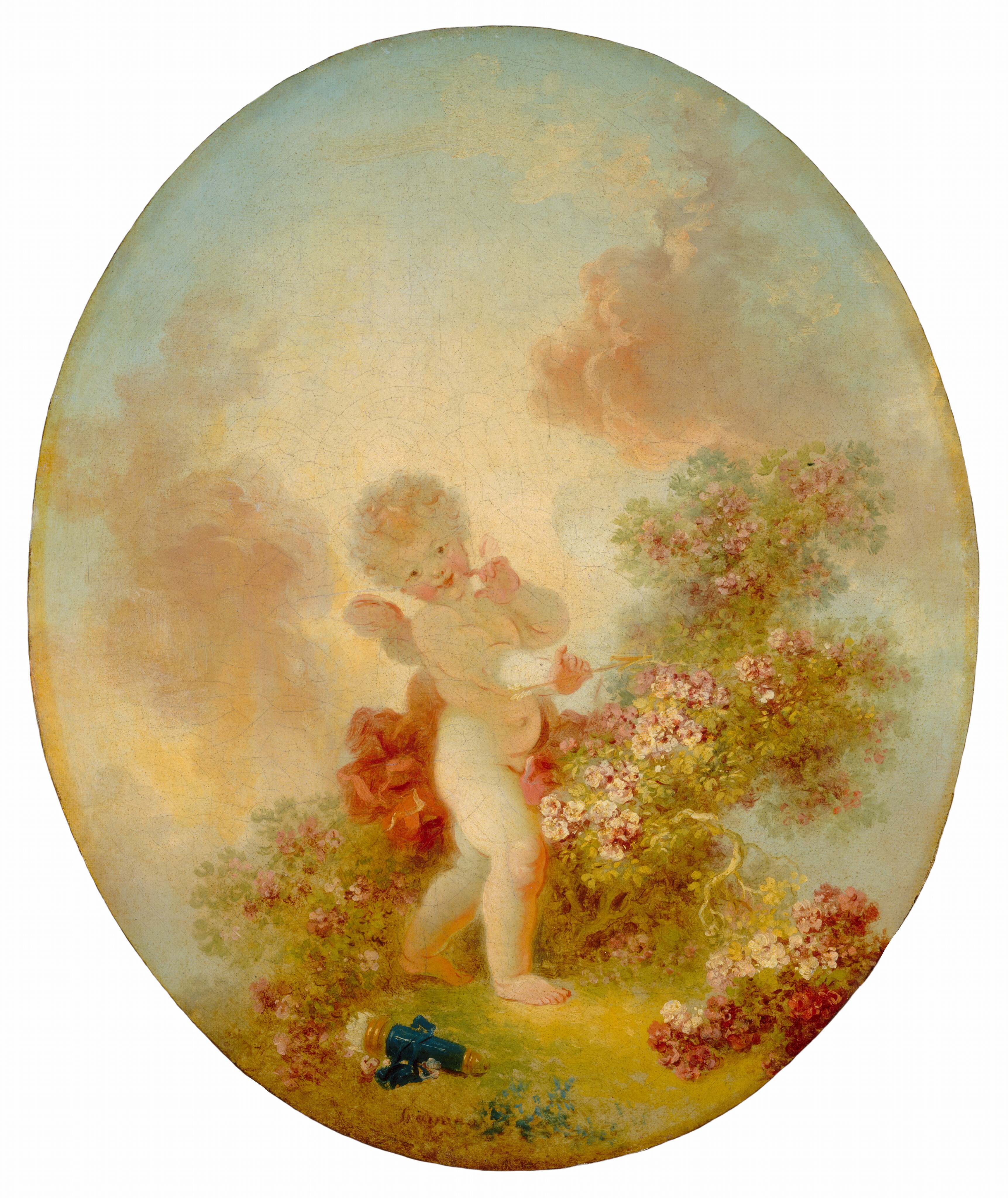 This painting image depicts a cherubic child in a garden setting. The child is standing with one foot in front of the other and has small wings on their back. The child has light skin, curly blond hair, rosy cheeks, and a playful expression. They are mostly nude, except for a cloth that wraps around their back and covers their groin. The child is holding a golden arrow. They are standing in front of a light green bush with pink flowers. In the bottom left, there is a dark blue object in the green grass that looks like a torch or cylindrical quiver. The setting includes lush greenery and more clusters of pink and white flowers. The background features a pastel blue sky with soft pink clouds.