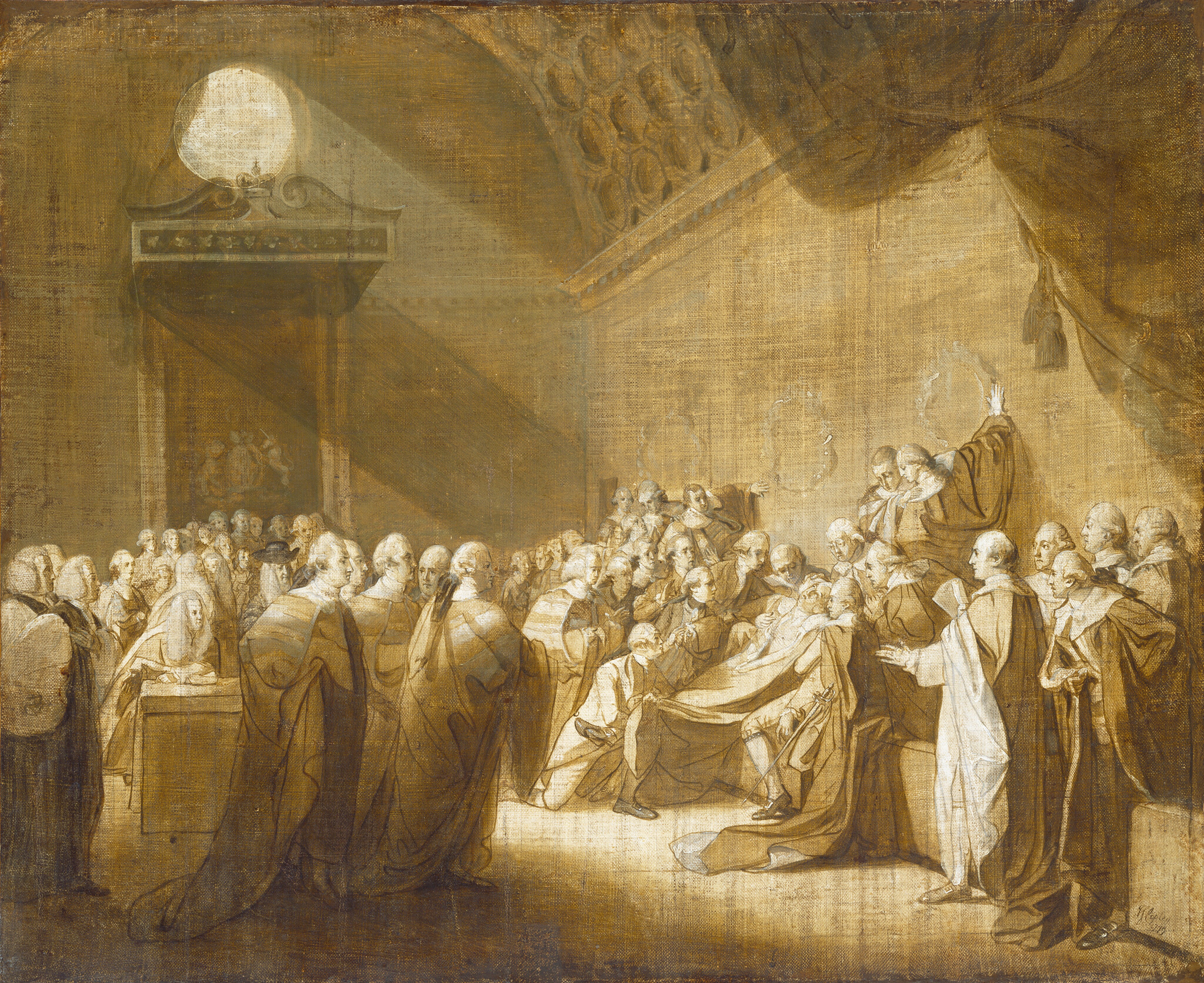 This is a painting of a large gathering in a grand hall or courtroom setting. Filling the space are numerous people dressed in elaborate robes. These people all appear to be men with pale skin and curled white hair. Light streams down from a round window near the top left corner, casting a dramatic light on a group of men gathered to the right of center. One man in this group appears to have fainted, and the others are gathered around him, supporting his head and limbs. The other men in the room look to the right, towards this group. The room contains several ornate architectural elements, like a high curved ceiling with recessed areas, draping fabric along the wall near the top right corner, and a tapestry below the window on the left. The color palette is entirely in shades of pale yellow, brown, cream, white, and gray.
