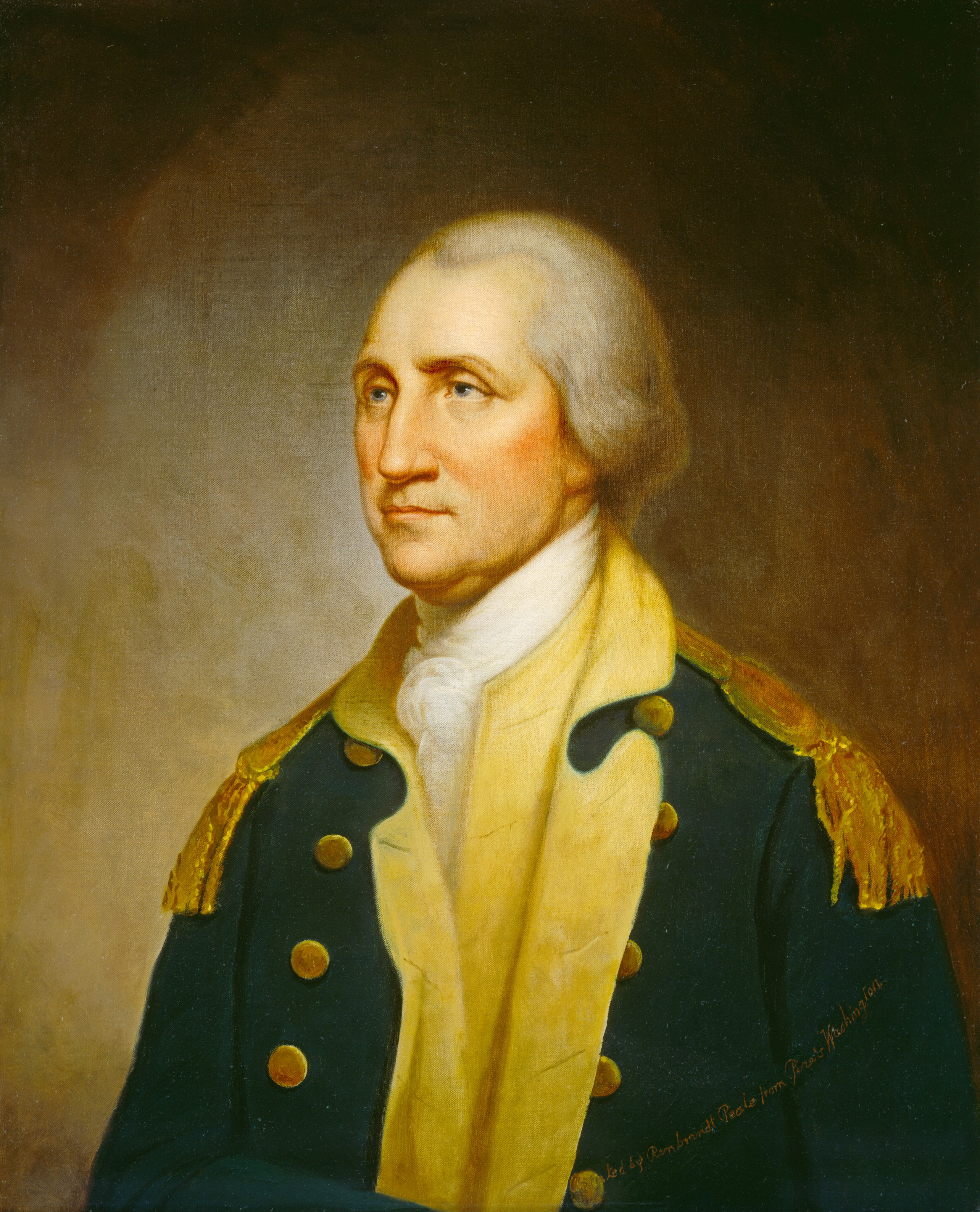 The painting is a portrait of a man from the waist up. He is slightly turned to the left. He has pale skin, a long nose, deep-set eyes, and thin lips set in a neutral expression. He has pale gray hair styled back from his face. He is wearing a military uniform with a dark blue coat, yellow lapels, gold buttons, and gold epaulettes. A white cravat is tied around his neck. The background is a gradient of brown and gray, darker near the edges of the painting and lighter around the man.
