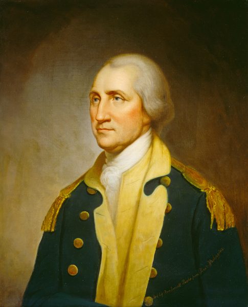The painting is a portrait of a man from the waist up. He is slightly turned to the left. He has pale skin, a long nose, deep-set eyes, and thin lips set in a neutral expression. He has pale gray hair styled back from his face. He is wearing a military uniform with a dark blue coat, yellow lapels, gold buttons, and gold epaulettes. A white cravat is tied around his neck. The background is a gradient of brown and gray, darker near the edges of the painting and lighter around the man.