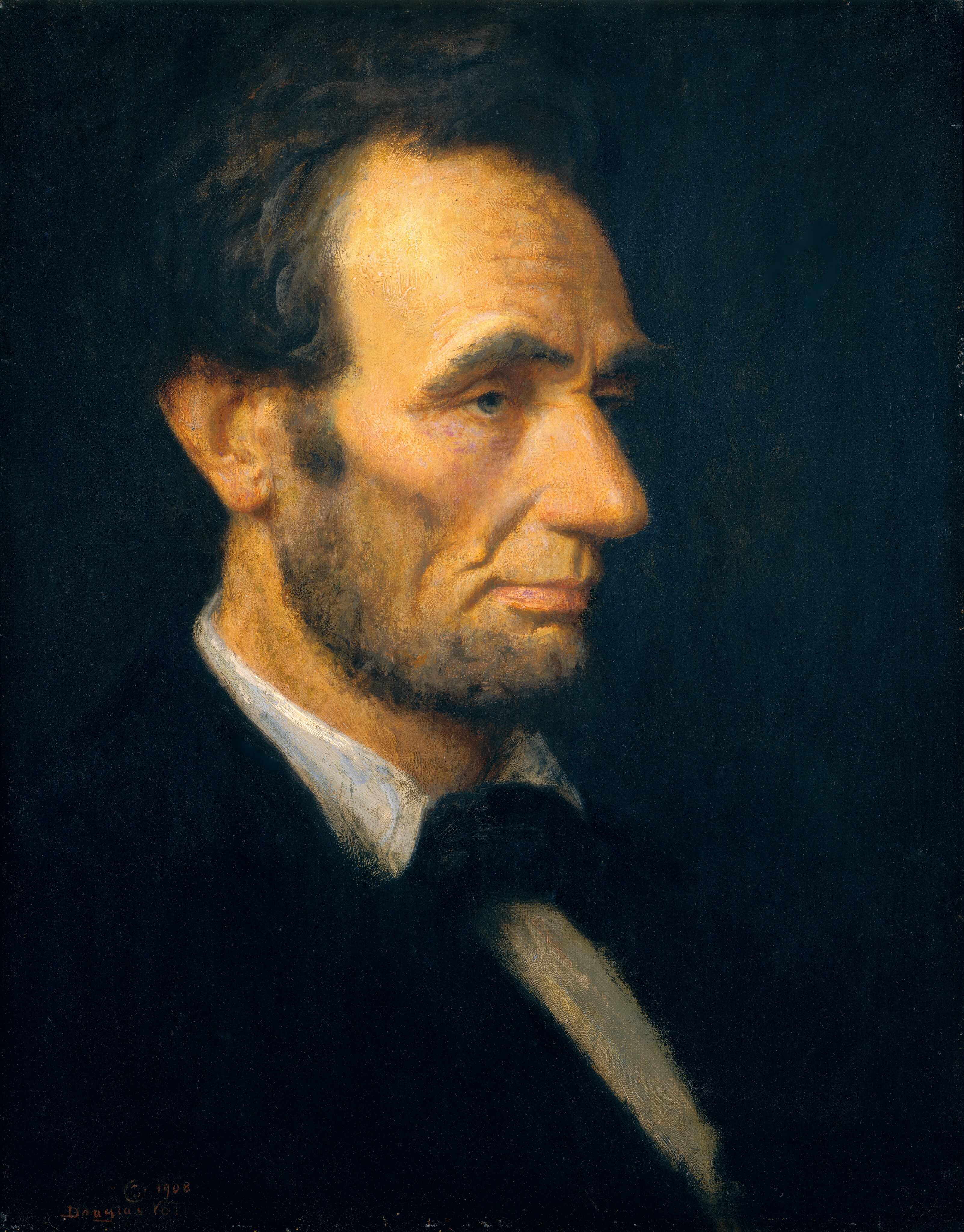 This painting shows a man facing the right. He has pale skin, a prominent nose, deep-set eyes, high cheekbones, a wrinkled brow, dark eyebrows, and a small mole near his mouth, which is set in a neutral expression. There is a hint of purple under his eye. The man has a thick beard and short, dark brown hair. He is dressed in formal attire, with a dark suit over a white collared shirt, and black bow tie. The background is black.