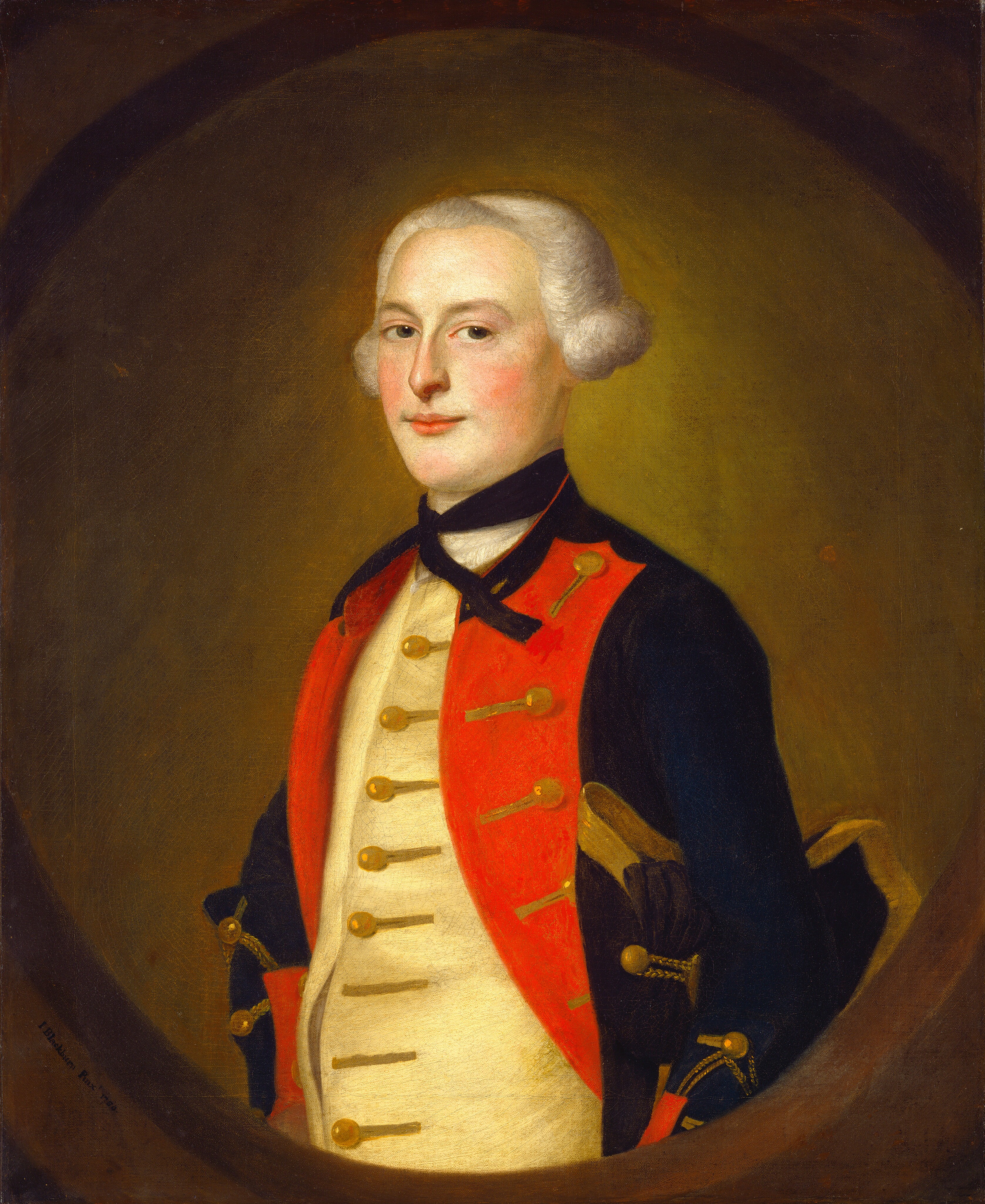 The image depicts a portrait of a man's upper body, from the waist up. He is slightly angled to the left, with his gaze forward. The man has fair skin and a calm expression. His white hair is styled in 18th-century curls. He wears a military uniform with a black undershirt, white waistcoat, and red outer coat with gold details. A black cravat is around his neck. His right hand is inside his coat. The background is a plain, muted brown color.