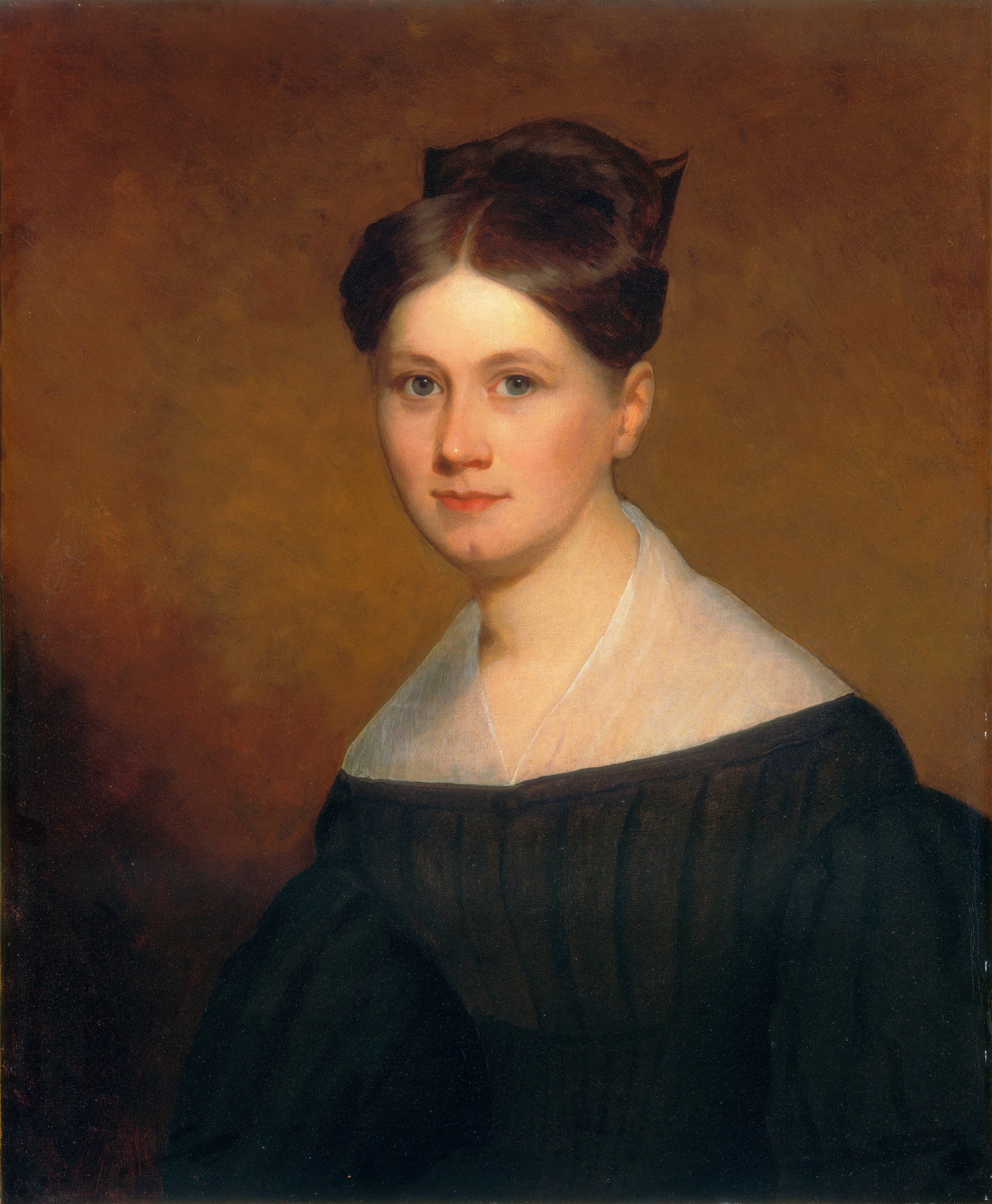 The portrait depicts a woman with fair skin, light blue eyes, and dark brown hair styled in an updo. She wears a dark gown with long sleeves and a white collar, with a simple background.
