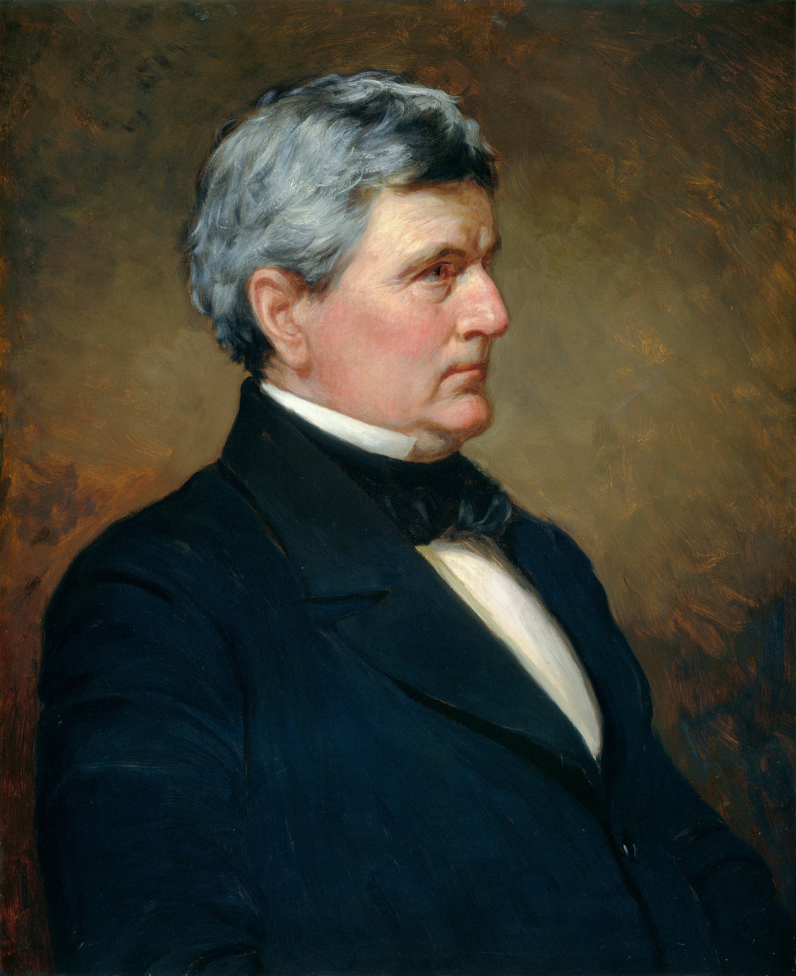 The image shows a portrait of an older man, visible from the chest upward, in a seated position, facing left in profile. His facial features include a strong, prominent nose, a firm chin, and a subtle expression with closed lips. His hair is gray, short, and brushed neatly backward. He is wearing a formal dark suit with a white shirt and a black bow tie. The background is a simple, warm-toned brown, free from any additional objects or details. There is no jewelry visible, and he does not appear to be holding anything.