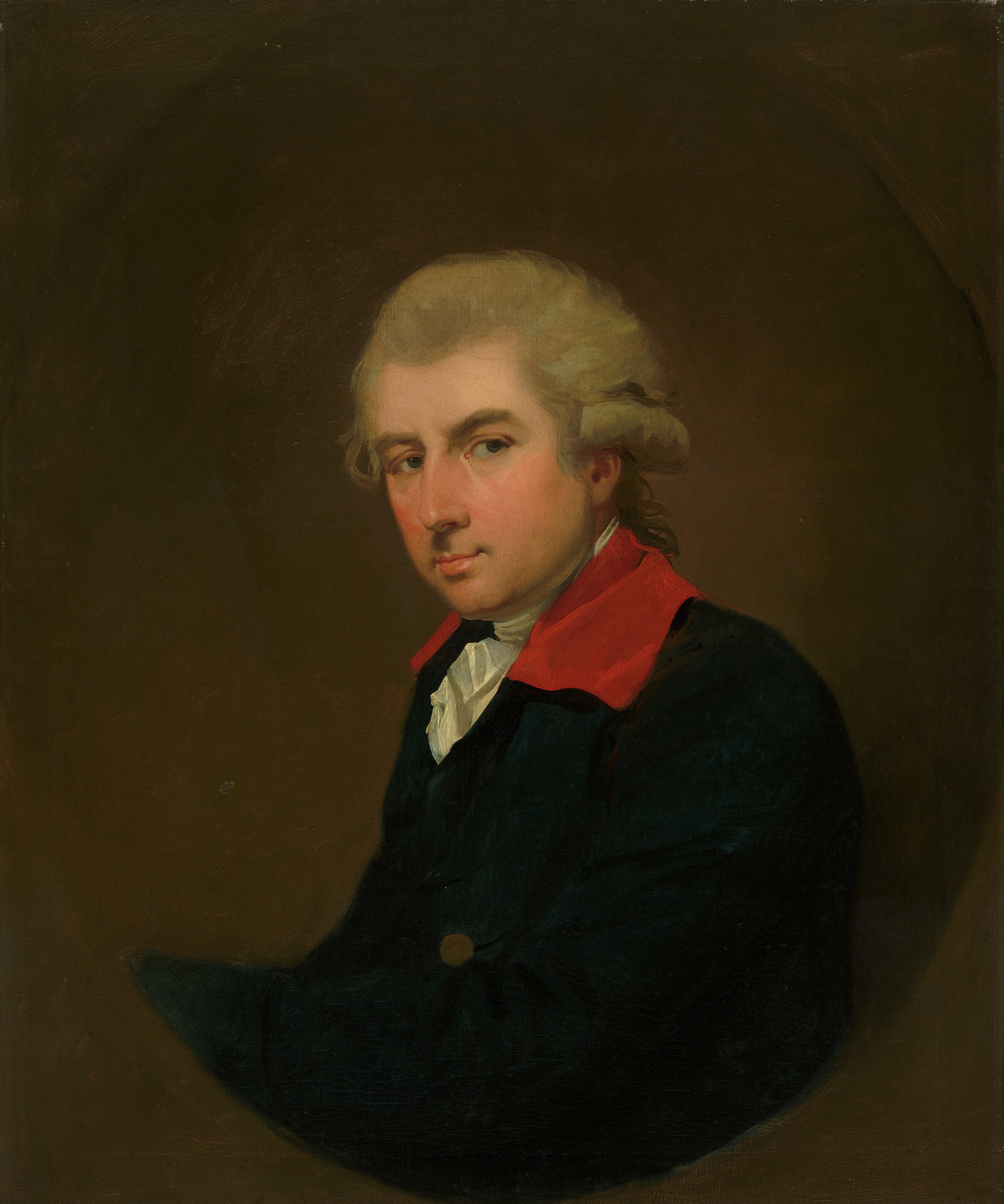 The image is a portrait of a man in a three-quarter view. He has neutral facial expression with almond-shaped eyes, a straight nose, and a small mouth. His light-colored hair is styled back with curls framing his face. He wears a dark coat with a wide, red collar over a white shirt. There are no visible jewelry or objects. The background is a muted brown color with no distinct details.