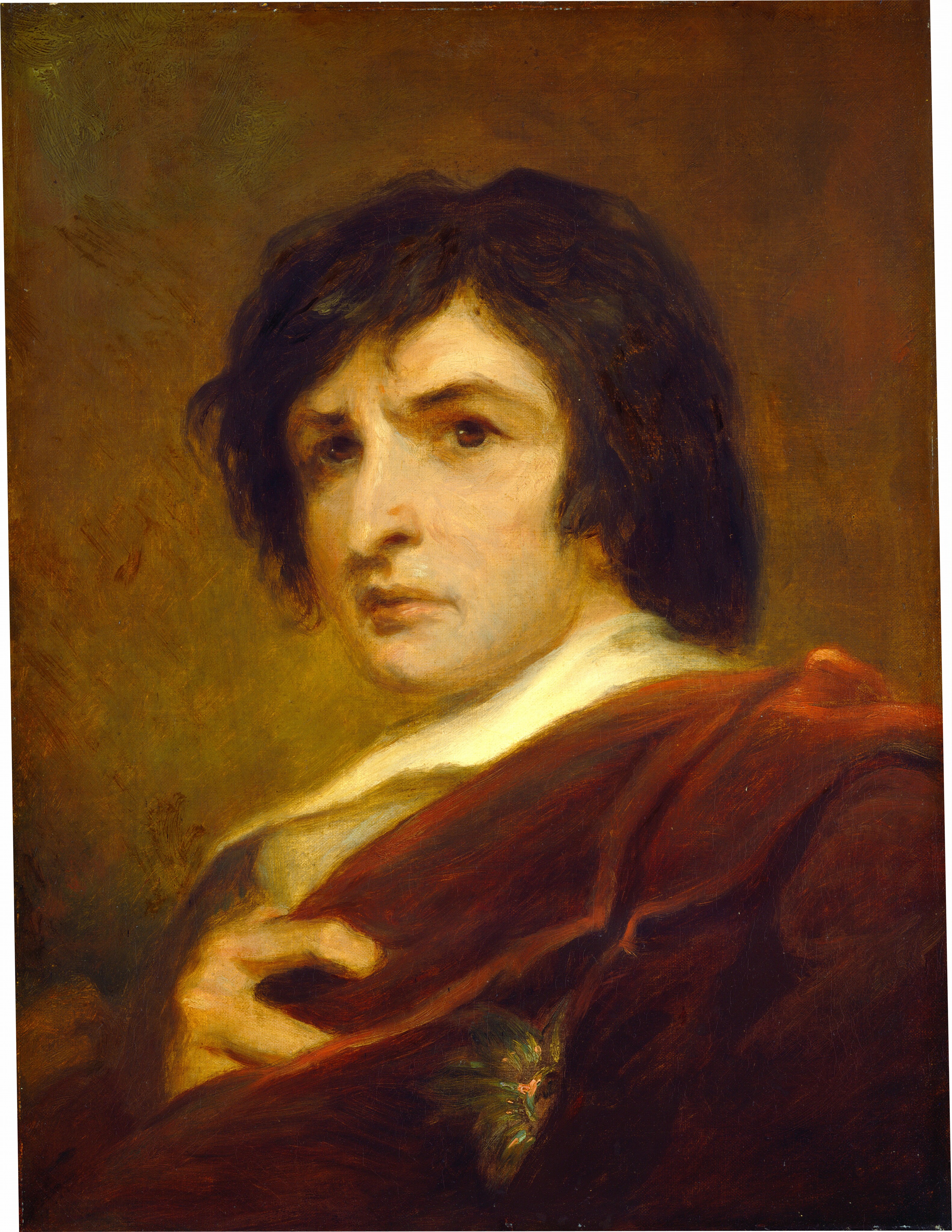 The image shows a portrait of a person's upper body, capturing their head, neck, and part of their shoulders. The person is positioned facing slightly to the right, with their head turned towards the viewer. They have dark, tousled hair and defined facial features with a focused expression. The individual is wearing a rich, dark red garment draped over their shoulders, with a white collar visible underneath. In their hand, they are clutching the fabric of the garment, and there appears to be an ornate piece near the garment's edge. The background is muted and warm-toned.