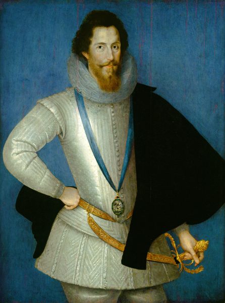 This painting shows a man from the thighs up. He has a fair complexion, curly brown hair, a beard, and a mustache. His brown eyes look out at the viewer. He is wearing an elaborate white doublet with a high ruffled collar, a dark cloak, and a blue ribbon with a colorful medallion around his neck. He also wears a gold belt over white trousers. He is holding the golden hilt of a sword in one hand and has his other hand on his hip. The background is light blue.