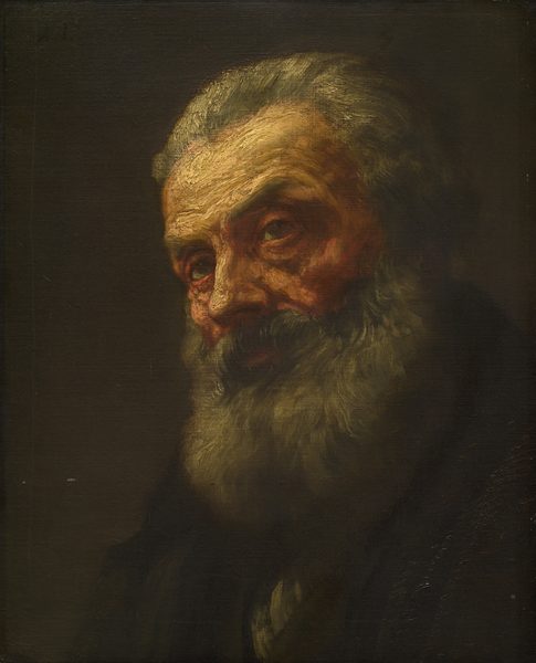 This painting shows a close-up of an older man's face with part of his shoulders visible. He is positioned in a three-quarter view, slightly turned to his left, his eyes looking up. The man has pale skin and a full, bushy gray beard and thick, gray hair combed back. His facial features include deep-set eyes, ruddy cheeks, a long nose, and thin lips mostly obscured by his facial hair. His skin has been painted with visible, thick brushstrokes, creating swirling lines. His clothing appears dark and blends into the dark gray background. There is a hint of gray at the bottom, suggesting a gray shirt or tie under a black jacket.