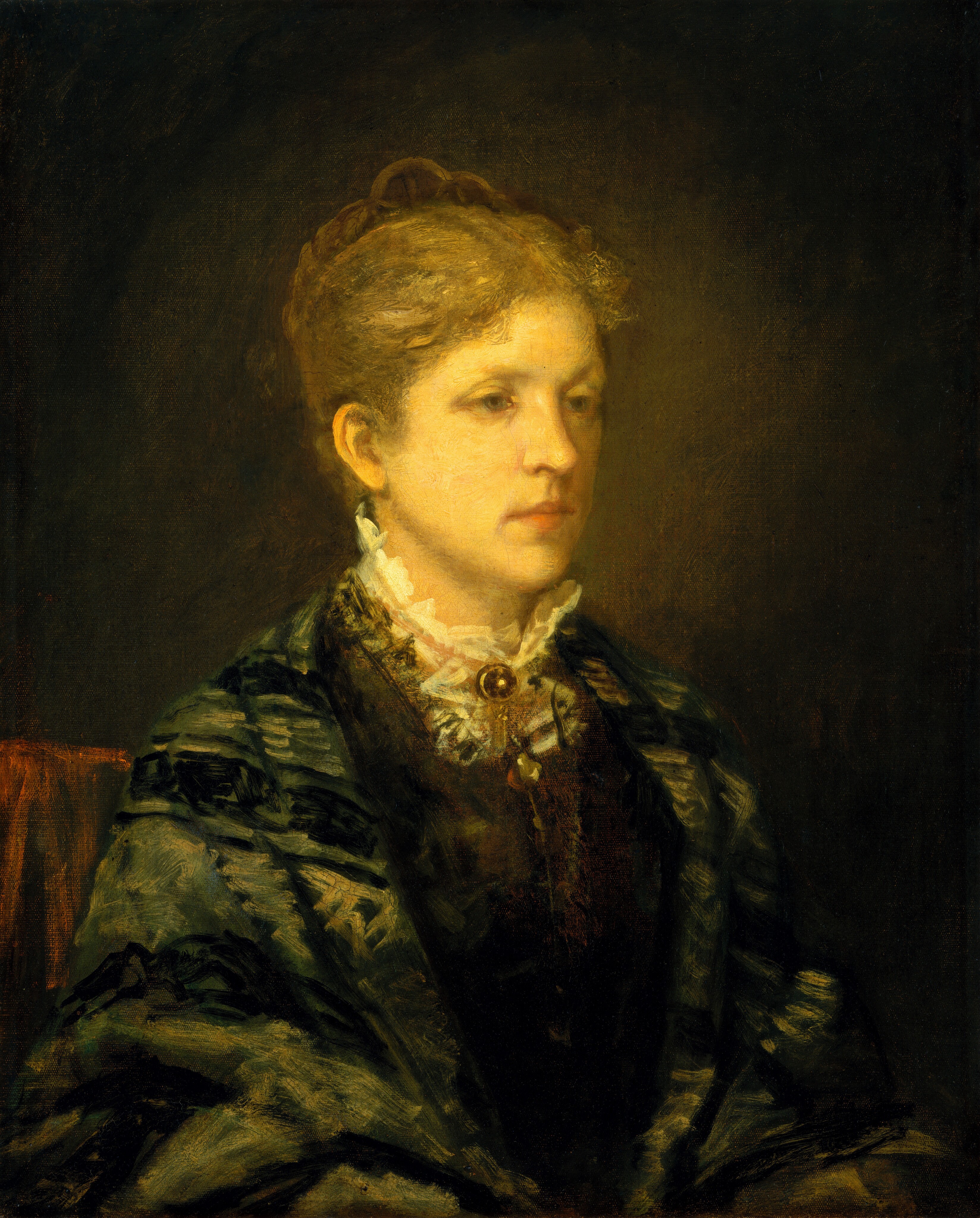 The image depicts the upper half of a woman seated in a side profile position, facing to the left. She has fair skin, closed lips, light-colored eyes, and light brown hair styled up. She wears a high-collared dress with lace detailing and a dark shawl draped over her shoulders. She has a brooch with a dangling accessory around her neck. The background is dark with subtle hints of color.