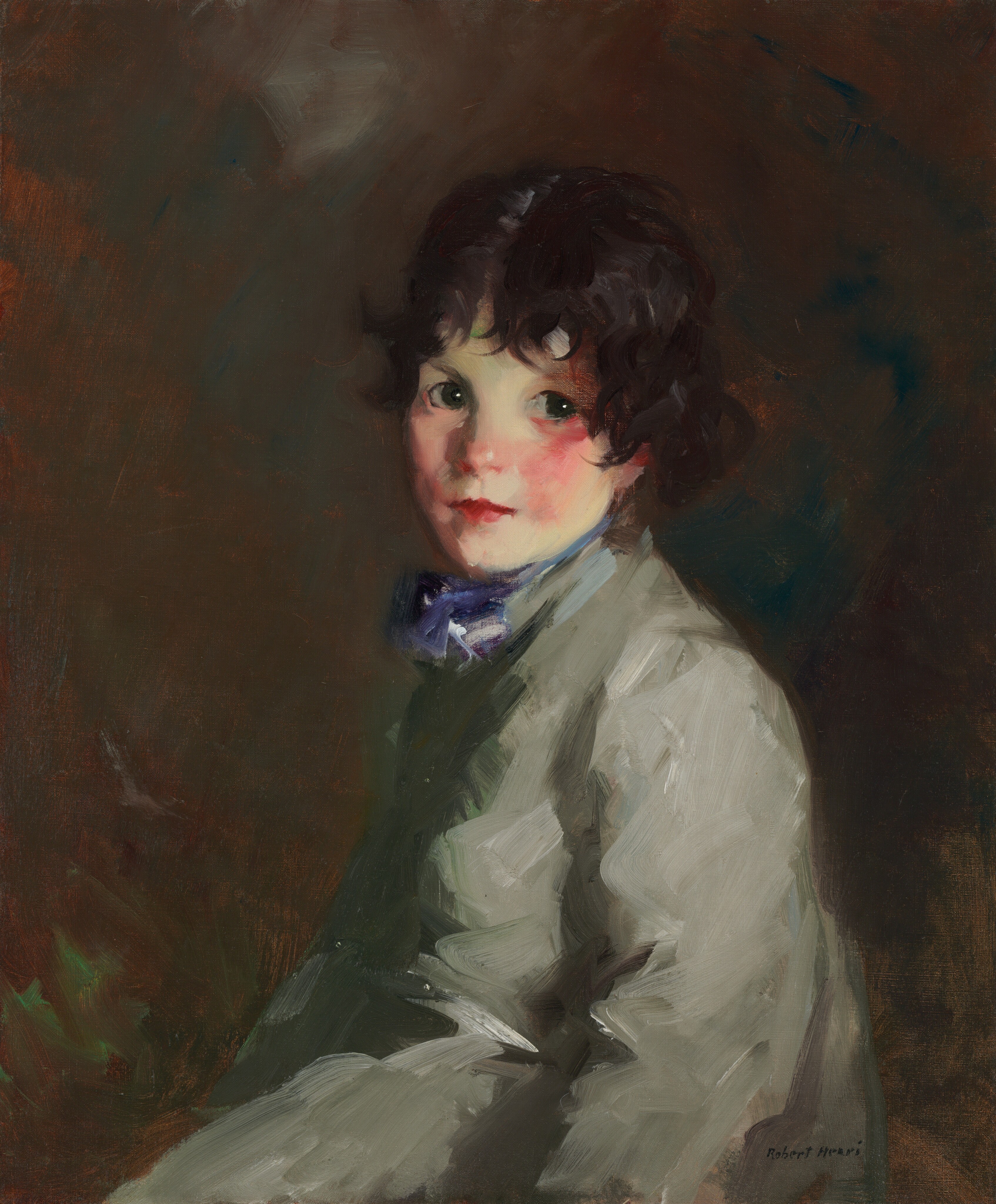 This painting is a portrait of a child seen from the waist up. The child is seated, with their body turned to the left but their head facing us. They have a delicate face featuring pale skin, light eyebrows, rosy cheeks, and red lips, along with large, expressive, green eyes. Their face is in a neutral expression. The child has short, dark, curly hair framing their face. They wear a light gray garment with a high collar and a blue tie or cravat around their neck. The background is a blend of dark colors including browns, dark blues, and hints of green. The brushstrokes in the painting are thick and visible, especially those in the background and child's clothes.