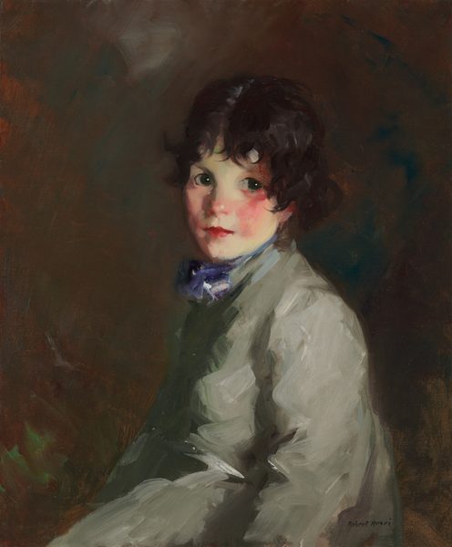 This painting is a portrait of a child seen from the waist up. The child is seated, with their body turned to the left but their head facing us. They have a delicate face featuring pale skin, light eyebrows, rosy cheeks, and red lips, along with large, expressive, green eyes. Their face is in a neutral expression. The child has short, dark, curly hair framing their face. They wear a light gray garment with a high collar and a blue tie or cravat around their neck. The background is a blend of dark colors including browns, dark blues, and hints of green. The brushstrokes in the painting are thick and visible, especially those in the background and child's clothes.