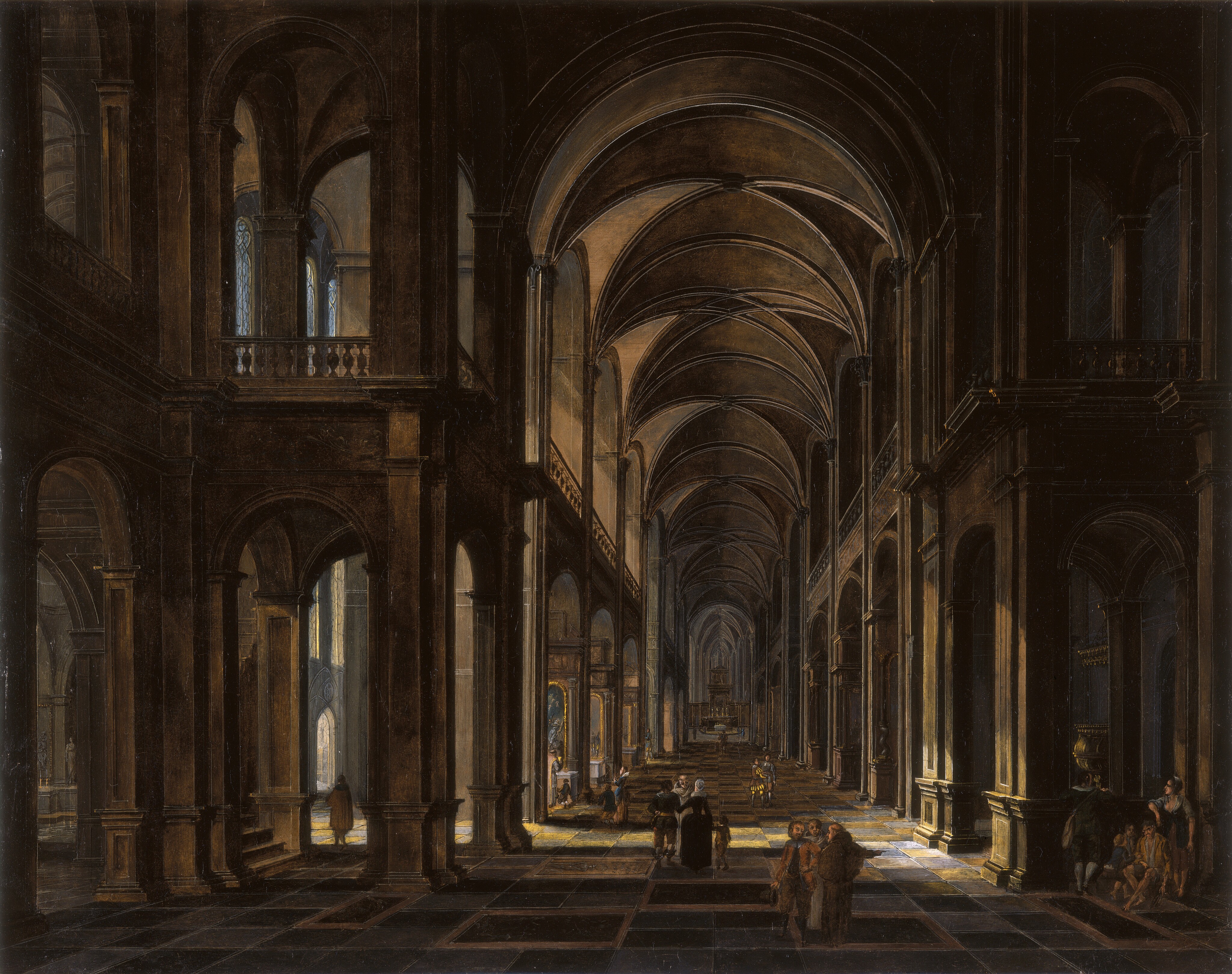 This is a painting of a dark cathedral interior with grand architecture: high vaulted ceilings, arches, columns, and a checkered floor leading to a distant altar near the center of the painting. Light comes in through some arched windows on the left, illuminating patches of the wall, floor, and ceiling. Several people are in the cathedral, walking, sitting, or kneeling by smaller altars. They wear a variety of clothing, some colorful and intricate, others plain and dark.