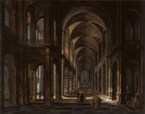 This is a painting of a dark cathedral interior with grand architecture: high vaulted ceilings, arches, columns, and a checkered floor leading to a distant altar near the center of the painting. Light comes in through some arched windows on the left, illuminating patches of the wall, floor, and ceiling. Several people are in the cathedral, walking, sitting, or kneeling by smaller altars. They wear a variety of clothing, some colorful and intricate, others plain and dark.