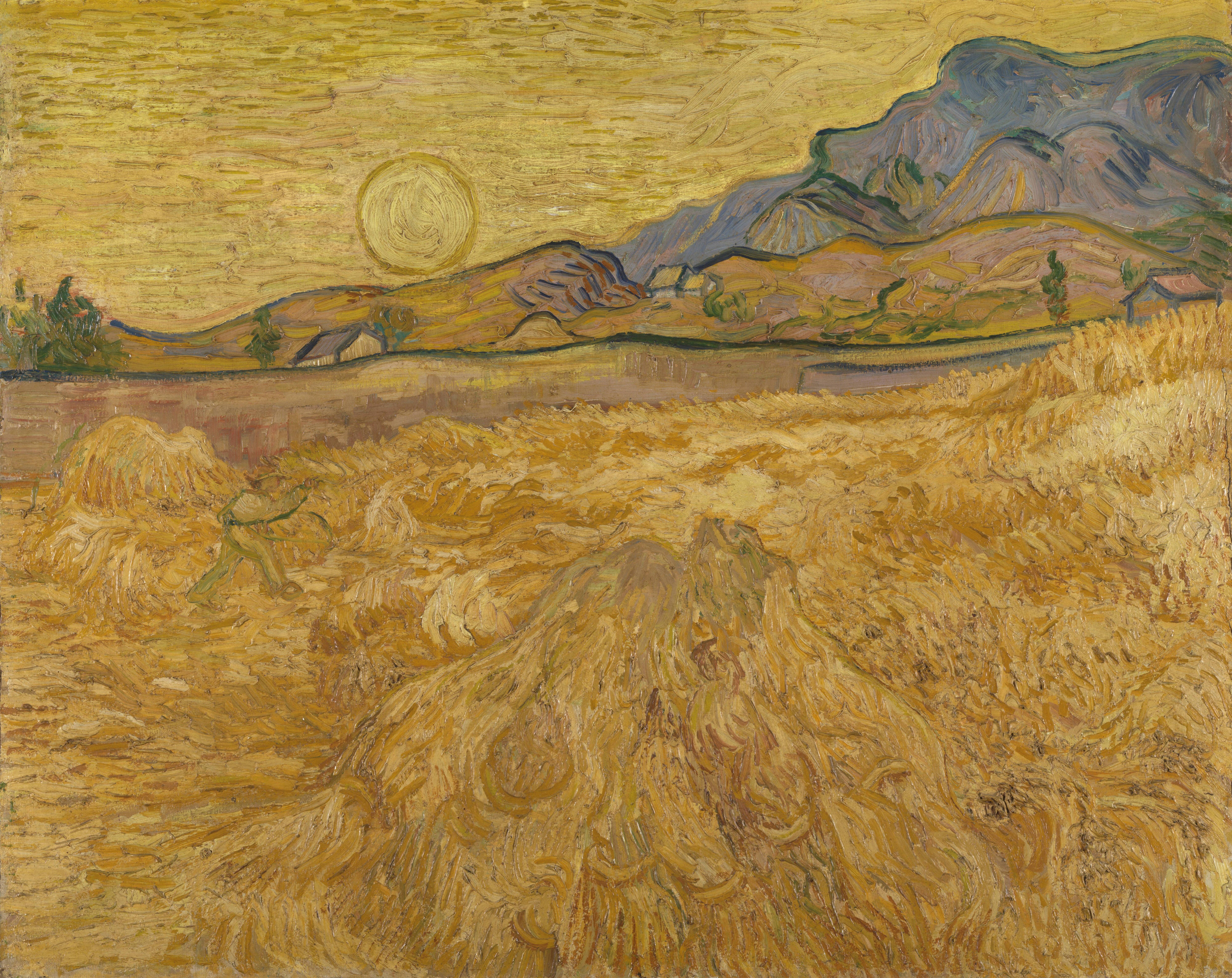 Wheat Field with Reaper and Sun, 1889-06, by Vincent van Gogh