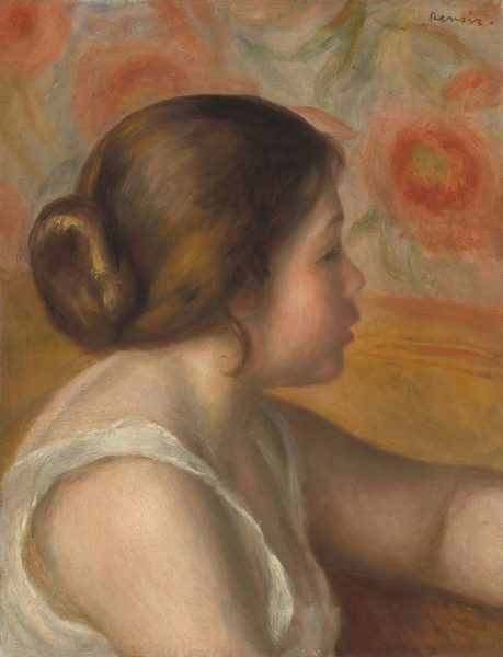 This painting shows a young woman's upper body from the torso up. She is seated and facing the right, with her face seen in profile and one arm bent in front of her, seeming to rest on a brown table or surface. She has pale skin, round, rosy cheeks, a small nose, and pink lips that are slightly parted. Her brown hair is styled into a smooth, glossy bun at the nape of her neck. She is wearing a white garment with thin straps over her shoulders. The background features a yellow section on the bottom half, and on the top half is a colorful, abstract pattern with large, soft, swirling forms in shades of orange and red on a blue-gray background with hints of green.