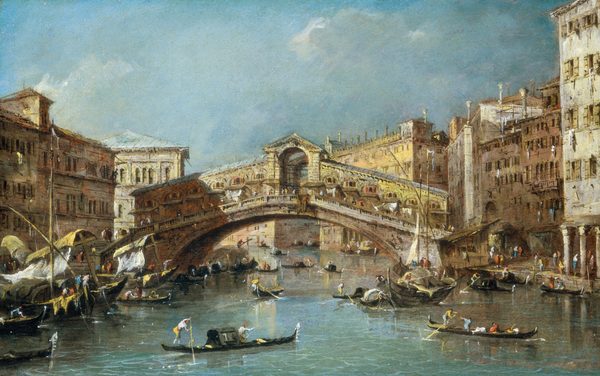 From a point of view over the water, we look across a bustling canal at a stone bridge, which is flanked by rows of buildings to each side in this horizontal painting. At the center of the composition, the bridge is supported by a wide arch, and the two halves of the deck angle down and to the left and right from a high point at the center. Another arch topped with a triangular roof marks the high point, and buildings line the deck to the left and right. Touches of red, white, yellow, pale blue, and brown suggest people walking along the deck under awnings. The waterway is tinged marine green along the bottom of the painting and lightens to sky blue farther back. Gondolas and small boats that crowd the canal are steered by people using long poles. Many of the boaters wear pale-colored clothing, and some boats have curved black covers. Four, five, and six-story buildings line the canal on both sides and continue into the distance beyond the bridge. The buildings are tightly packed with tall, narrow windows and muted red, yellow, and tan-colored facades. Laundry hangs from some windows and ledges. In the top third of the composition, a few wispy clouds blend into the pale blue sky. Dozens of people walk or stand along the waterfront to the right or work on boats pulled up to the walkway lining the canal to the left. The scene is loosely painted, especially in the people and the more distant architecture.