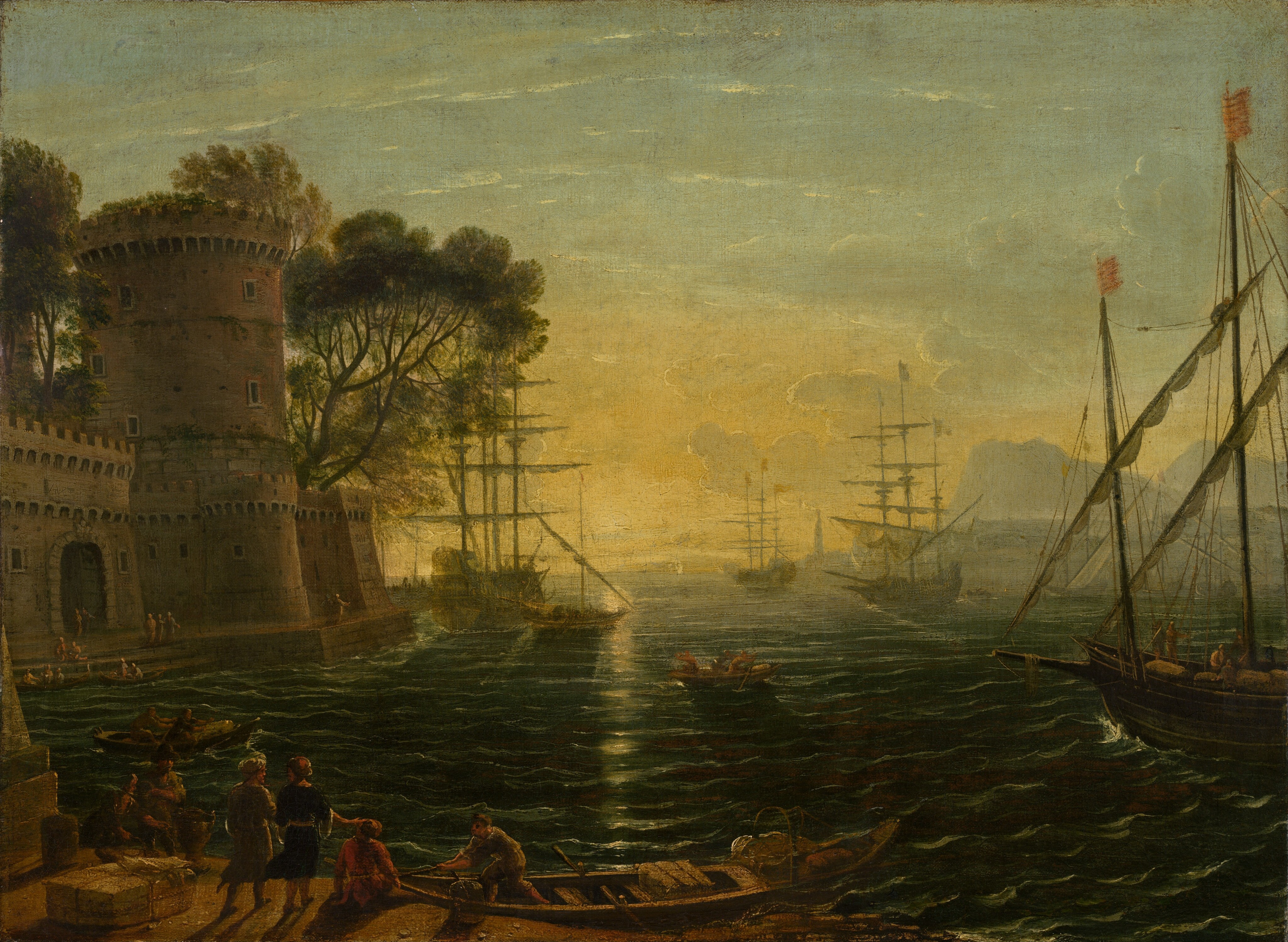 This painting shows a maritime scene with a setting sun at the center, illuminating the scene in yellow light. In the bottom left corner, people stand on a stone ledge, looking out across the water. Some of them are in small rowboats or larger sailing boats that float across the water. A large tower or castle surrounded by tall trees is on the edge of the water on the left, with more people sitting or standing around it. In the distance on the right, misty, light blue mountains are visible behind tall sailing ships that all face towards the setting sun. The water is dark green, with the golden reflection of the sun creating a vertical line down the center. The sky at the top of the painting is light blue and covered with small clouds, fading to pale yellow towards the horizon.