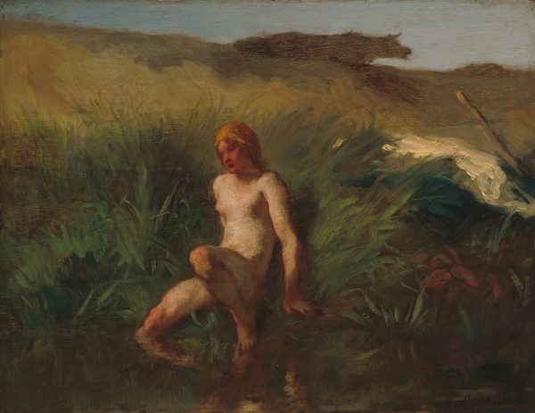 A nude, pale-skinned woman sits on a grassy bank and extends one leg into the water in this loosely painted, horizontal composition. Her small breasts are bare, and the arm we see has some muscular definition. At the center of the painting, the woman’s body is angled to our left, and she looks down in that direction. Her skin is pale on her torso and upper arms and legs and deepens to reddish brown on her face, hands, and lower legs. Her hands are planted by her hips, and her left knee is sharply bent to support her weight near the water’s edge. Her other leg reaches into the water up to the knee. Tall grasses around her are loosely painted as is a golden brown hill that nearly reaches the top edge of the panel. The silhouette of a cow is outlined against the sliver of pale blue sky in the uppermost sixth of the painting. The artist signed the lower right corner, “JF Millet.”