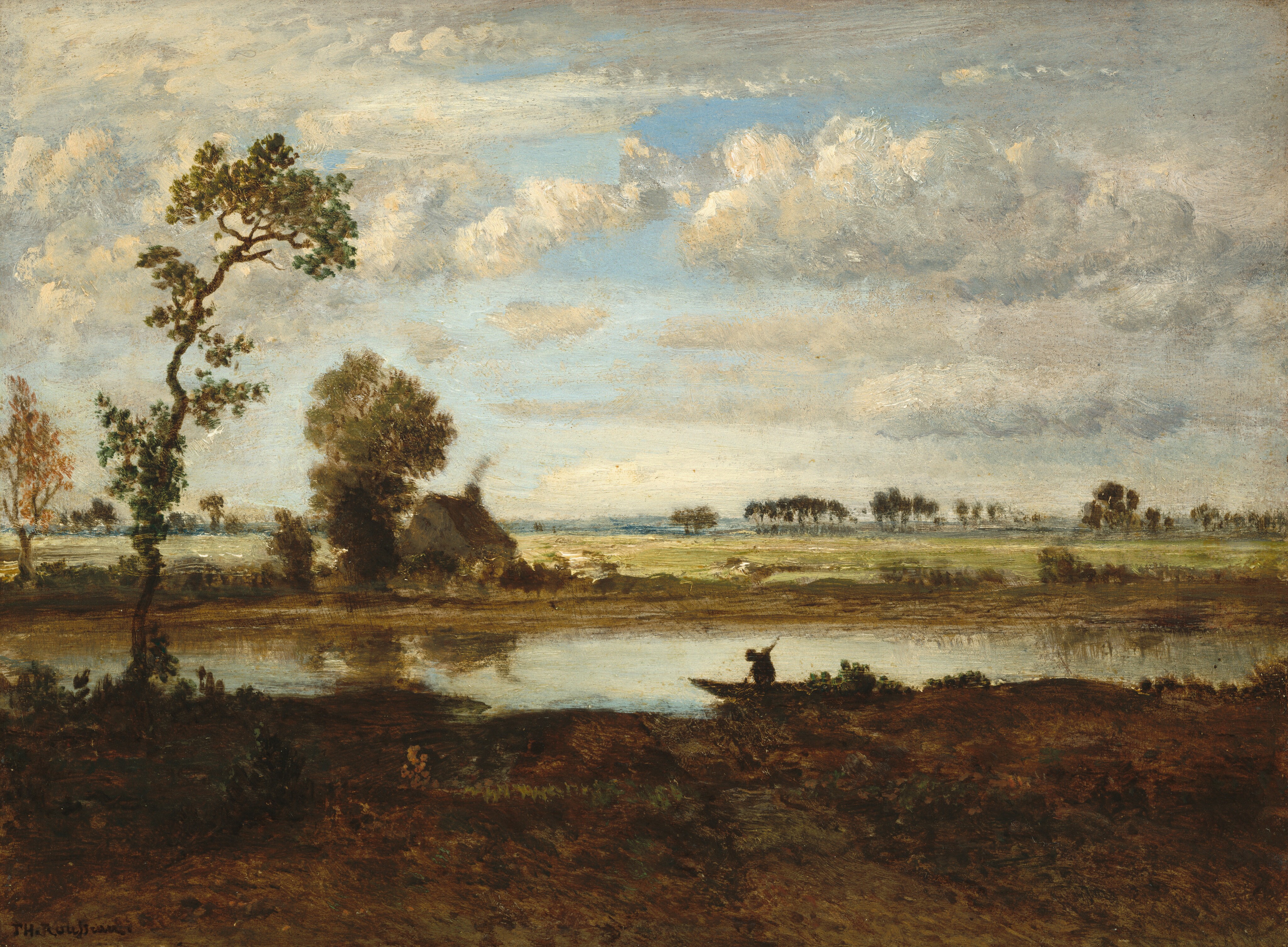 The painting shows a landscape with a calm body of water stretching across the center, beyond a brown bank of rocks and short green grass. A thin tree rises up on the left. To the right of center, a person can be seen on a boat, silhouetted against the blue water. Beyond the water are flat green fields with distant trees. To the left of center, a small gray house can be seen next to a tall tree, wisps of gray smoke rising out of its chimney. The sky above is blue with large clouds in shades of light gray and white, and the distance is illuminated by pale light. The water reflects the blue and white of the sky, along with the green and brown of the house and the distant bank.