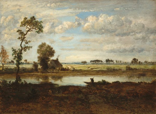 The painting shows a landscape with a calm body of water stretching across the center, beyond a brown bank of rocks and short green grass. A thin tree rises up on the left. To the right of center, a person can be seen on a boat, silhouetted against the blue water. Beyond the water are flat green fields with distant trees. To the left of center, a small gray house can be seen next to a tall tree, wisps of gray smoke rising out of its chimney. The sky above is blue with large clouds in shades of light gray and white, and the distance is illuminated by pale light. The water reflects the blue and white of the sky, along with the green and brown of the house and the distant bank.