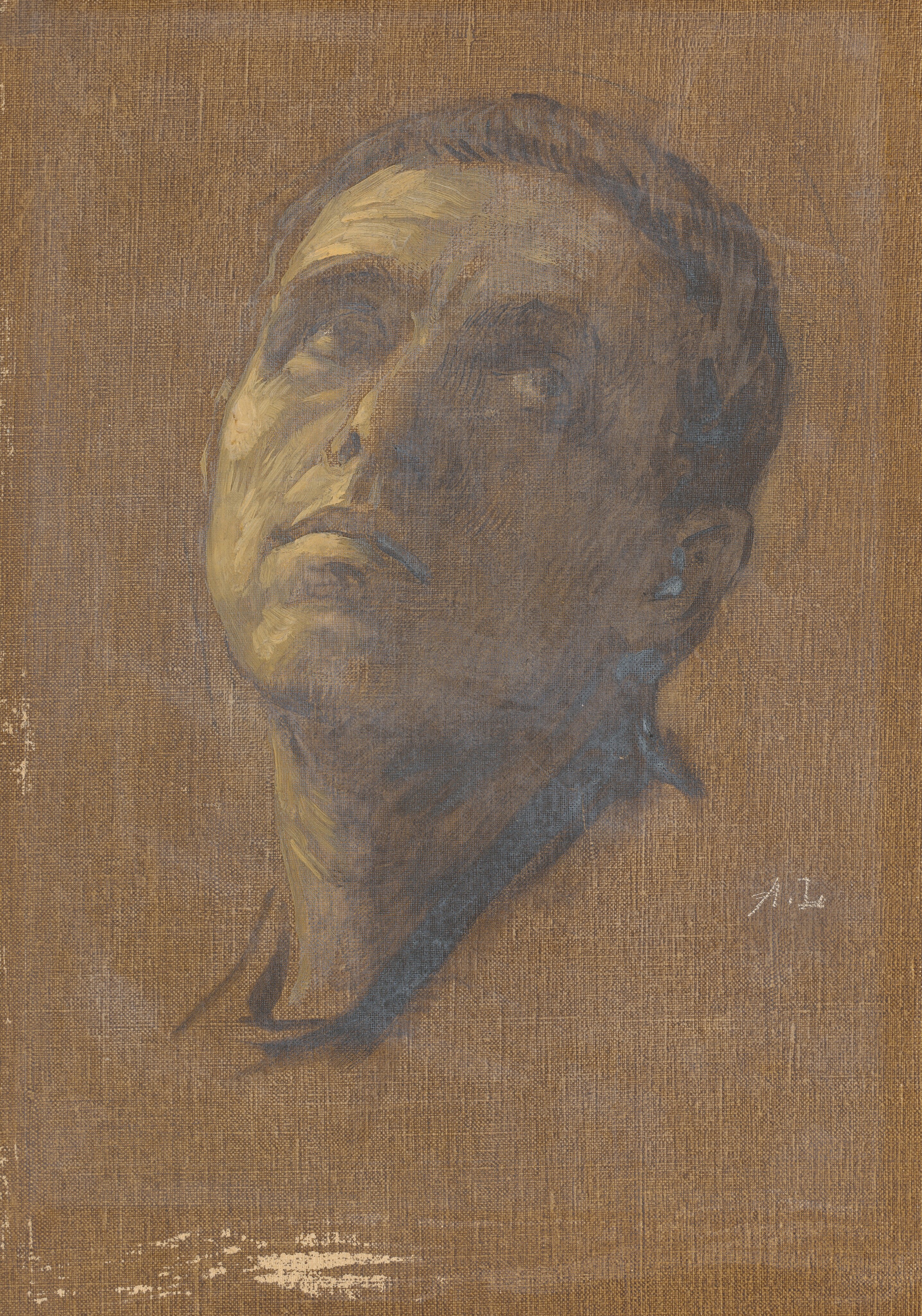 The image shows the head and shoulders of a person. The individual is positioned with their head slightly tilted upward. The facial features include a pronounced nose, expressive eyes, and lips that are slightly pursed. The hair appears to be short and swept back from the forehead, blending with the textured, muted tones of the painting. The clothing is not distinctly visible, but there seems to be a suggestion of a dark collar or garment below the neck. The background is a textured, brown canvas. In the bottom right corner, there is a signature or set of initials.