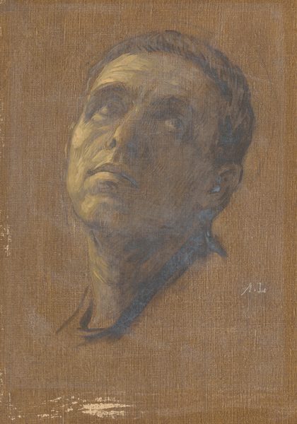 The image shows the head and shoulders of a person. The individual is positioned with their head slightly tilted upward. The facial features include a pronounced nose, expressive eyes, and lips that are slightly pursed. The hair appears to be short and swept back from the forehead, blending with the textured, muted tones of the painting. The clothing is not distinctly visible, but there seems to be a suggestion of a dark collar or garment below the neck. The background is a textured, brown canvas. In the bottom right corner, there is a signature or set of initials.