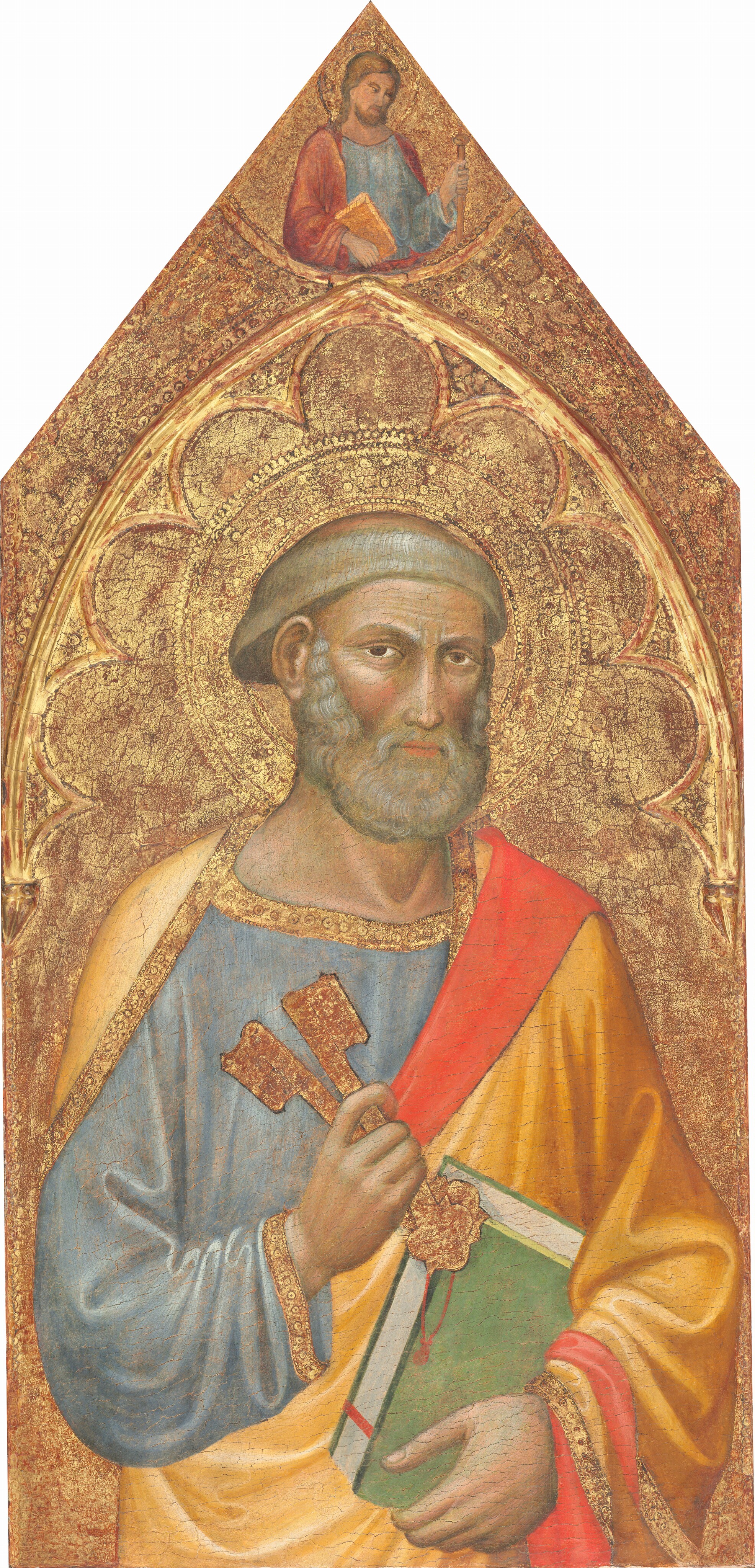 Shown from the hips up, a pale-skinned, bearded man holds two oversized gold skeleton keys and a book in front of a gold background in this vertical painting, which has a triangular top. The person’s body is angled slightly to our right, but he looks off to our left from the corners of his brown eyes. He has a thin nose with a rounded tip, full pink lips, and full gray beard. His gray hair is cut into a ring around his head. He wears a sky-blue robe, and his buttercup-yellow cloak is lined with coral red. Both are edged with gold. He braces the book, which has a moss-green cover and white pages, in one hand and holds the two keys up in the other. The man’s gold halo is punched into the gold background, and gilded molding creates a pointed arch over him. A second person, tiny in scale, is shown from the waist up in the tip of the panel. This man has long light brown hair and a beard. He wears a pale blue robe under a raspberry-red cloak. He holds a dark yellow book in one hand and a staff with the other. He looks down to our right, has a halo, and is in front of a gold background.