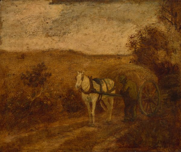 This painting shows a landscape dominated by muted brown and yellow tones. In the center is a white horse standing on a faint path that leads towards the bottom left corner. The horse is attached to a cart with a large wheel, and it appears to carry a pile of yellow-brown material. A person stands to the right of the horse with their back to us, looking down at its harness. The person appears to be wearing a jacket and hat. They are painted entirely in shades of dark brown and black. On the left is a landscape painted in a flat brown color, and on the right are tall dark brown trees. The sky is painted in a pale tan color.