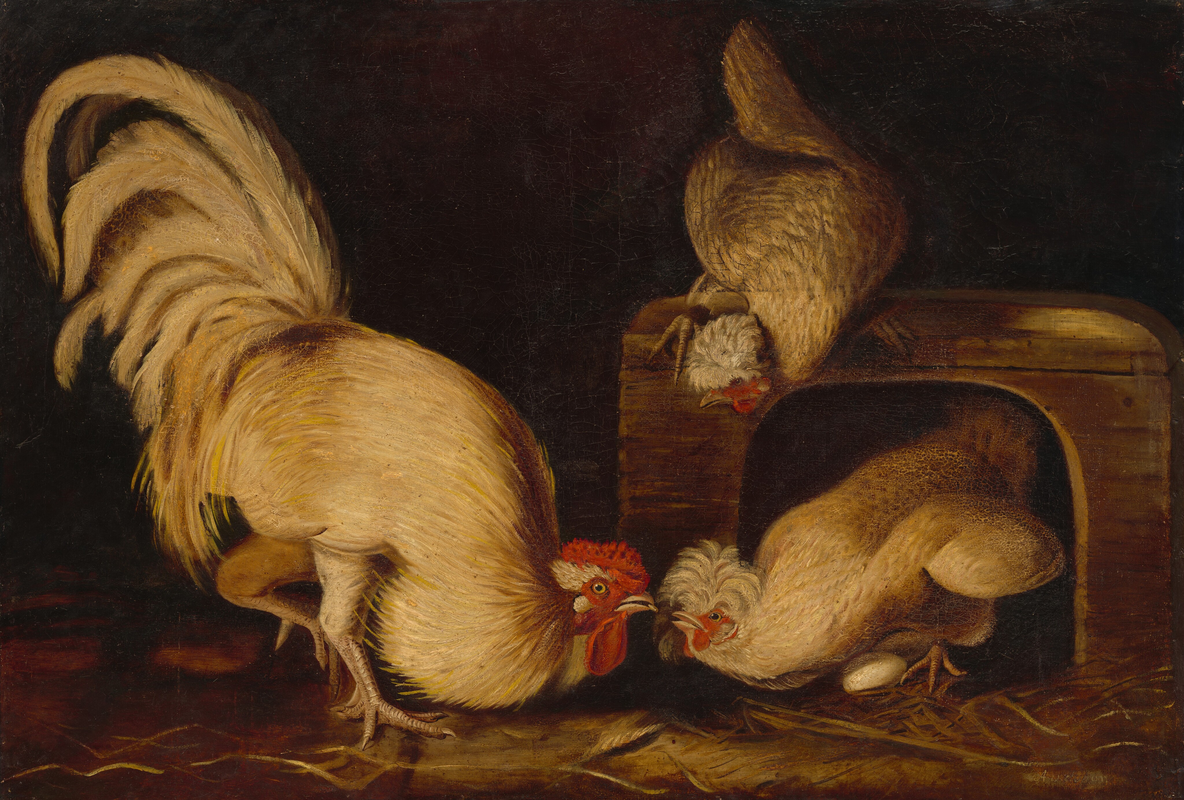 This painting shows three chickens around a small wooden enclosure.  A large rooster is on the left, its body turned to the right, showing its long tail feathers. It has its head low to the ground and appears to have a seed or piece of grain in its mouth. On the right is a wooden container with a large opening in the side. Inside this box is a hen sitting on a round white egg. It is turned to the left, and its face is close to the rooster's. Another hen stands on top of the box looking down at the rooster. All of the chickens are white with red faces. The hens have tufts of white feathers on the tops of their heads, while the rooster has a bright red comb. The color palette includes warm, earthy tones like cream, brown, and pale yellow. The background is black, and the brown ground is covered in pieces of straw.