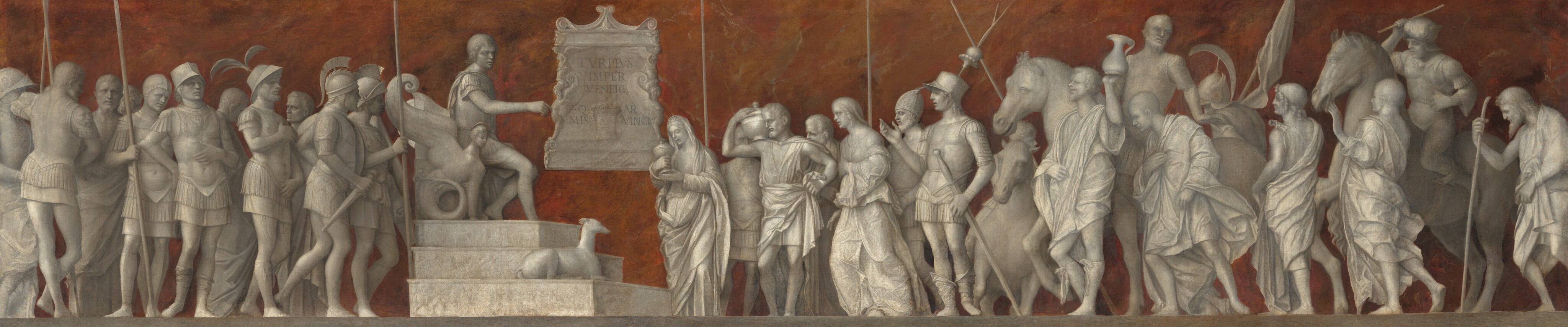 Men and women line up to either side of a man seated on a throne in this long, horizontal painting. The people are painted in shades of white and gray so they resemble marble statues against a background streaked with rust red and gray, resembling marble. About a third of the way into the composition from the left, the throne is atop a three-stepped platform. A cleanshaven man sits on the throne facing our right in profile. He has short, curly hair and wears a toga under a breastplate. He lifts one hand, the forefinger slightly extended, and his lips are parted. The side of the throne we see is in the shape of a creature with a person’s face, chest and front legs of a lion, tail of a serpent, and wings. A greyhound-like dog sits on the first of the three steps. Some of the dozen men lined up to the left of the throne wear armor and hold lances or daggers. One man stands with one hand across his chest and the other across his groin. Another man stands with his back to us, one ankle crossed in front of the other. Sixteen men and women and three horses stand in a line to the right of the throne. Two women are near the front of the line. The one closest to the throne holds an urn. A man just behind her holds a larger urn propped up on one shoulder. The other men wear armor or togas. One man is half again as tall as anyone else. A rectangular plaque just to the right of the throne appears to be carved with the words, “TVRPIVS IMPER VENERE Q AR MIS VINCI.”