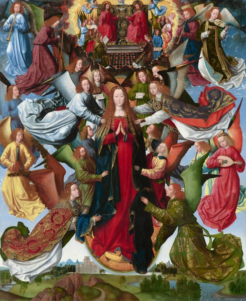 A woman wearing long robes and standing on an upturned, gold crescent moon is surrounded by twenty winged angels who lift her up, sing, or play musical instruments in this vertical painting. Below, a grassy landscape with rocky hills, a river, and buildings stretches into the distance. Along the top edge of the painting and smaller in scale, more angels surround two men sitting on a throne, holding a crown. All the people have smooth, pale skin, oval faces with small, delicate facial features, and long wavy hair. They wear fluttering, jewel-toned robes. The woman at the center, Mary, stands facing us with her eyes downcast and her hands held together in prayer. Her strawberry-blond hair lightens where her hair rests over her shoulders, and a jeweled band encircles her head. She wears a long, ruby-red dress with a jeweled neckline and navy-blue cloak trimmed with gold. Eight of the winged angels seem to lift her body, four along each side. Seven more angels float around the scene playing instruments, including a lute, a harp, recorder-like instruments, and stringed instruments, one of which resembles a violin and another a dulcimer. Along the top of the group, around Mary’s head, four angels sing, holding sheet music. In tiny letters, writing on the sheet of music to our left reads, “A ve regina celorum mr regis,” while the writing on the music to our right reads, “A Tenor ve regina.” The angels wear robes in emerald green, royal or sky blue, butter yellow, rose pink, tomato red, silver, or white, and their wings match their robes. Some of the robes are embroidered with gold and some angels wear jeweled diadems. The edges of an oval, gold halo are visible behind the angels at Mary’s head and feet. Above Mary and the angels, a scene, much smaller in scale, recedes into the distance within a ring of dark clouds. Two haloed, bearded men wearing scarlet-red robes and with shoulder-length brown hair sit on a wide throne covered with a black and gold brocade cloth. The man to our left is bareheaded and the man to our right has a tall, blue and gold crown. A white dove with wings spread hovers above a second gold crown they hold between them. More than a dozen angels surround the throne, holding up the cloth or singing. A black and red checked tile floor stretches in front of the throne. Along the bottom edge of the painting, beneath Mary and the angels, a grassy landscape with fields and trees stretches into the distance to gray castle-like structures. A river winds from the lower right between the buildings. A man rides a horse near the riverbank to our right, and the shore is lined with minuscule shells. To our left, a second man walks in the field, away from us toward the building, and another man crosses a short bridge over a second, smaller stream.