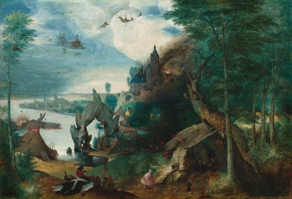 From high above the earth, we look down onto a view with a densely wooded area to the right, buildings clustered along a rocky ridge at the center, and a river winding back into the far distance to our left in this horizontal landscape painting. The color palette is dominated by pine and deep, emerald greens for the forest, tawny brown for tree trunks and the earth along the foreground, and slate gray and pale blue for the rocks, river, sky, and distant hazy landscape. Closer inspection reveals surprising and surreal details along the riverbanks and in the sky, beginning with a nightmarish hybrid of creatures and goblins in the lower right corner, at the outskirts of the forest. One creature has the body of a person with the head of a white bird, and another resembles a head walking around on two legs without a body. Tucked under a lean-to in the lower right, a man with a long white beard wearing a black hooded robe sits near goblin-like critters. In the foreground on our left, a group of people with peach-colored skin gathers around an oversized fish washed up onshore, which is covered with a black cloth marked with a large white X. A hooded and cloaked person sits atop the fish, holding a bell. Groups of fantastical creatures move in clusters or individually toward or around the buildings clustered on the rocky ridge. Dark brown plumes of smoke billow from a high steeple, probably a church and bell tower, and a bright light, possibly fire, illuminates the structure from behind. To our left, what first looks like a conical structure turns out to have a pink nose and eyes peeking out from what may be an overturned teacup being worn like a hat. More crowds and creatures line the shore of the river that winds away from us, around a peninsula, and into the distant horizon, which comes about halfway up this painting. The surface of the water has a pearly, opalescent sheen. White clouds swirl across a bright blue sky, as if they were waves in the sea. Incongruously, a group of spindly, insect-like creatures gathers in the sky riding fish or boats.