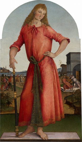 This painting shows a person standing on a small rectangular platform, with one knee slightly bent and the heel of that foot raised off of the ground. The person has pale skin with rosy cheeks, arched eyebrows, brown eyes with dark lashes, small lips in a neutral expression, and long, wavy yellow hair. They are wearing a red robe with a knot around the neckline and a green sash with gold designs around the waist. They are barefoot, and their left hand is on their hip while the other is holding a black staff with gold details at the top, bottom, and middle. The background features a green landscape with buildings, small trees, and a distant body of blue water. There is a gray building on the right, and in front there are two people, one seeming to chase the other. There are more people on the left, including one person who is being restrained by two other people, with a third person holding a sword over them. The people wear clothes in shades of pink, red, green, and silvery gray. The sky above is pale blue. The top of the painting is arched.