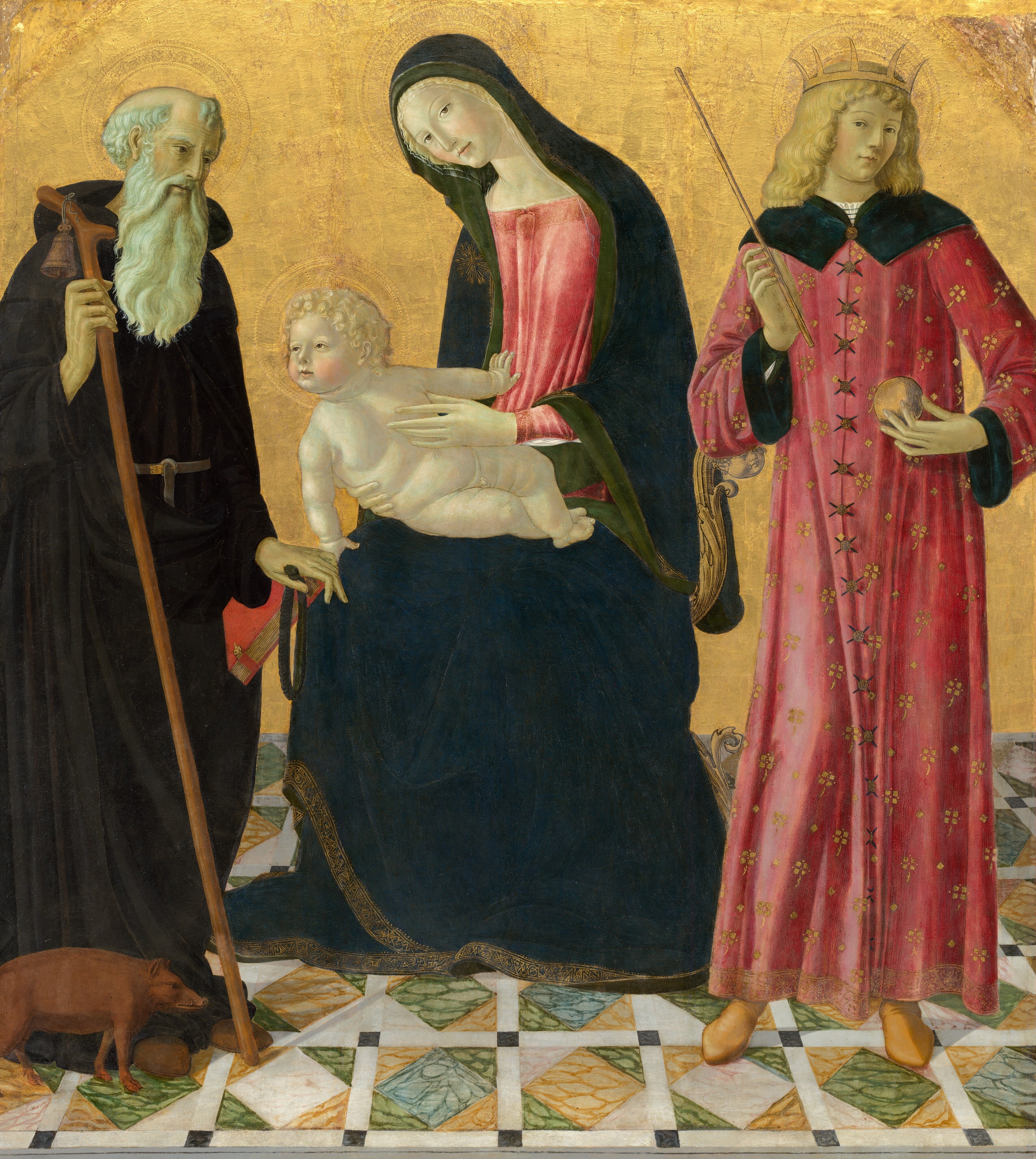 This painting shows four people, three adults and one child. On the left, an elderly man stands, holding a staff in one hand and a red book in the other. He has a long white beard and a balding head, and he wears a black robe. Next to him, in the center, a woman sits, slightly turned to the left and leaning forward, with her hands supporting a child in her lap. The woman wears a red dress with a dark blue hooded cloak, while the child is nude. To the right, another adult stands wearing a pink robe with a crown over their shoulder-length hair, holding a rod and a sphere. All of the people have pale skin, and the three on the right have blond hair. They all have golden halos around their heads. The background is golden, and the floor has a marbled tile pattern. A small brown pig is on the ground at the feet of the old man.