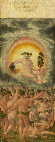 This painting displays a nude male figure with a robust physique floating in the sky in a circular, glowing yellow aura. He has a wide, bearded face, light skin, and white hair adorned with a garland of green leaves. He is holding a jug in one hand from which a dark liquid appears to be pouring out, and in the other hand he holds a branch with clusters of dark fruit. The sky around the central man includes billowing grey clouds. Below him, a crowd of similarly unclothed individuals with light skin are depicted standing on a grassy ground, raising various drinking vessels. Many of them also wear garlands made of green leaves. Some people on the right appear to be struggling, with one person holding a knife or dagger. At the top of the painting is a pale-yellow section with faint words on it.
