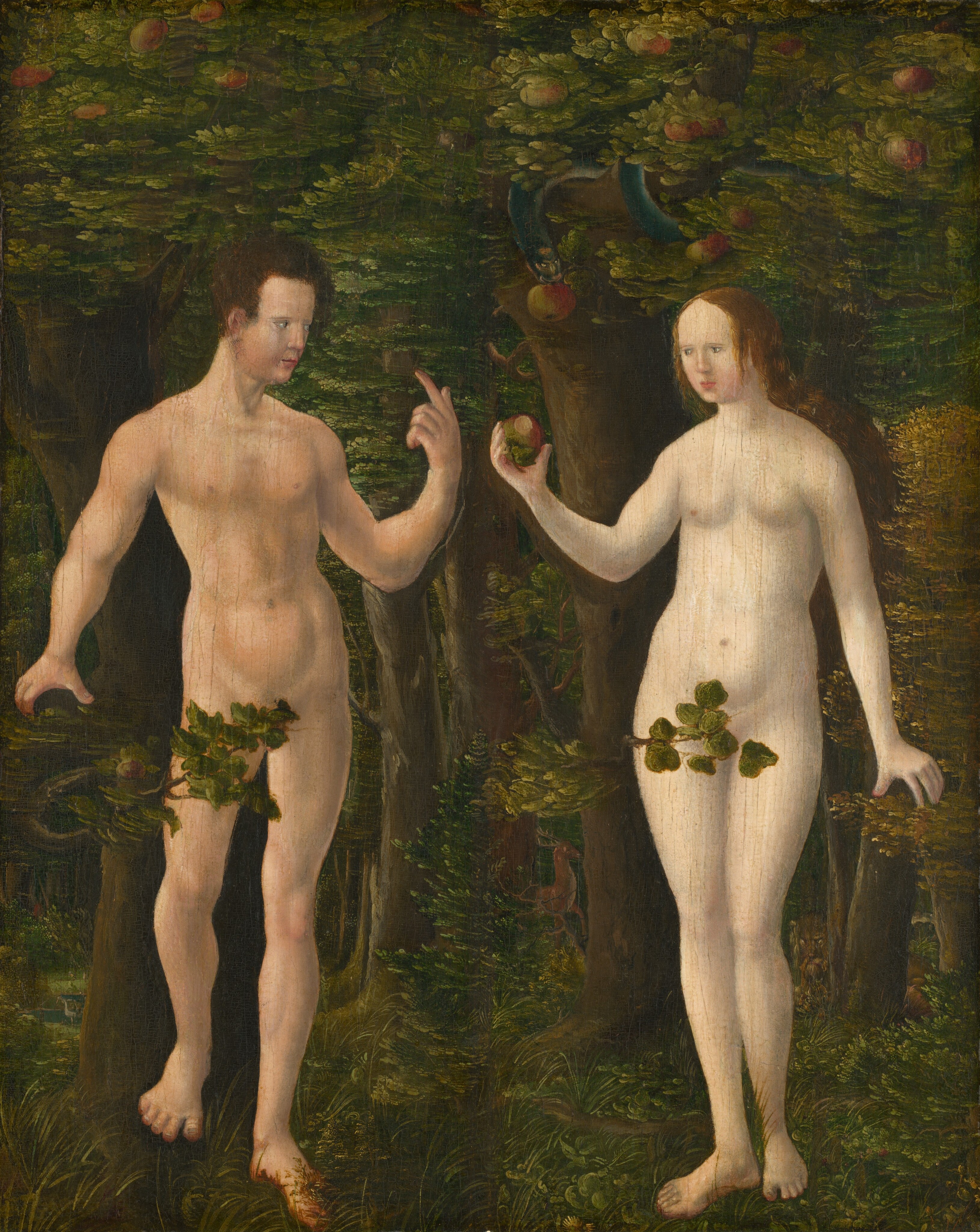 This painting displays two people standing, surrounded by greenery. The male figure on the left has curly, short brown hair and a fair complexion. He is turned to the right, facing the woman next to him, and his left hand is bent and pointing upwards. His other hand appears to reach for a branch near his waist. The female figure on the right has long, straight, light brown hair and a very pale complexion. She is holding an apple in her right hand, which appears to have a bite taken out of it. Both people are naked, with small leafy branches covering their groin areas. The background shows a dense forest filled with fruit-bearing trees, with a serpent coiled around one of the branches above the woman's head, looking down at her. There is also a distant deer partially visible behind the trees between the couple.