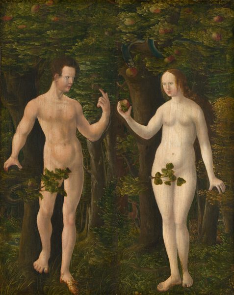 This painting displays two people standing, surrounded by greenery. The male figure on the left has curly, short brown hair and a fair complexion. He is turned to the right, facing the woman next to him, and his left hand is bent and pointing upwards. His other hand appears to reach for a branch near his waist. The female figure on the right has long, straight, light brown hair and a very pale complexion. She is holding an apple in her right hand, which appears to have a bite taken out of it. Both people are naked, with small leafy branches covering their groin areas. The background shows a dense forest filled with fruit-bearing trees, with a serpent coiled around one of the branches above the woman's head, looking down at her. There is also a distant deer partially visible behind the trees between the couple.